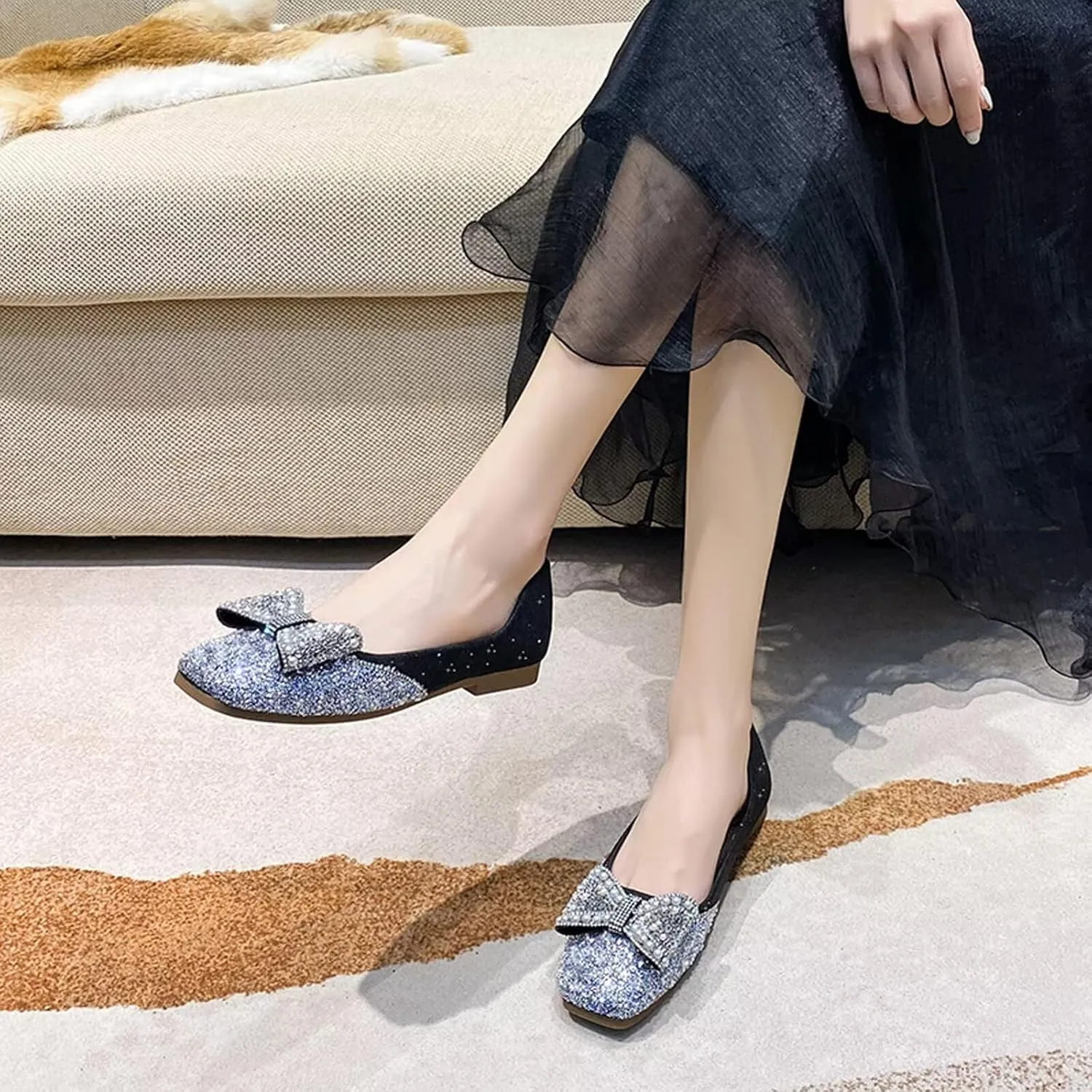 SAILING LU Square Toe Flats Shoes Rhinestoned Bowknots Ballet Flats for Women Studded Dress Shoes Comfort Light Weight Loafers