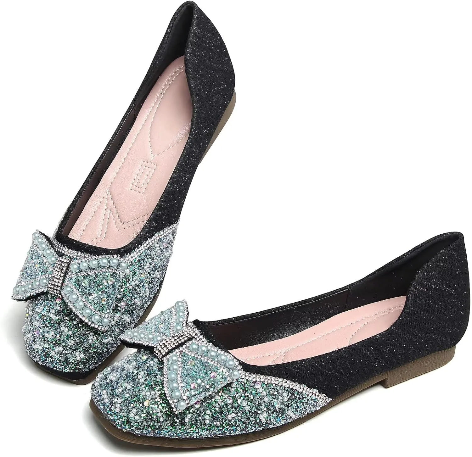 SAILING LU Square Toe Flats Shoes Rhinestoned Bowknots Ballet Flats for Women Studded Dress Shoes Comfort Light Weight Loafers