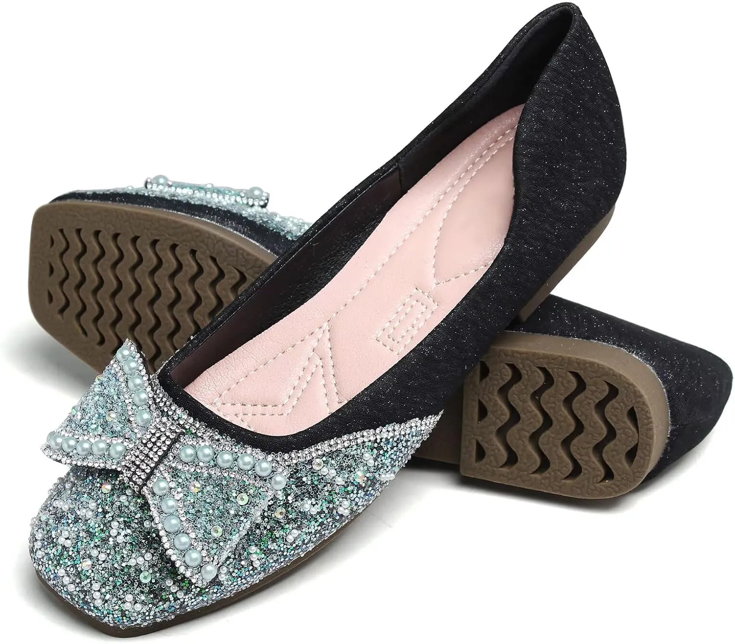 SAILING LU Square Toe Flats Shoes Rhinestoned Bowknots Ballet Flats for Women Studded Dress Shoes Comfort Light Weight Loafers