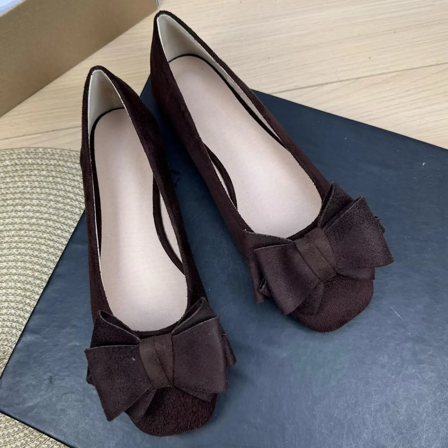 SAILING LU Women's Bow Knot Ballet Flats Square Toe Flat Shoes Suede Dress Shoes Wear to Work Slip On Moccasins