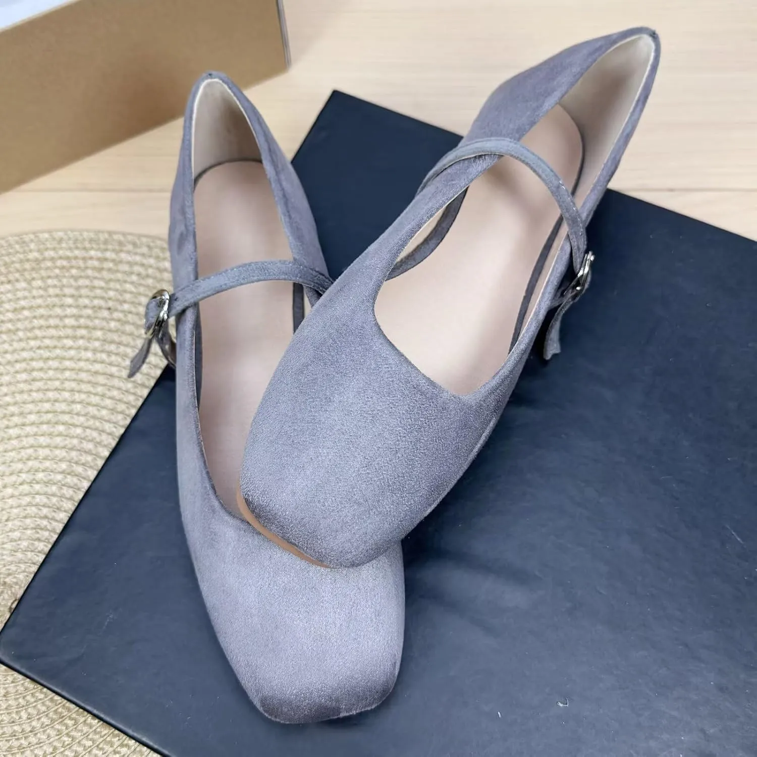 SAILING LU Women's Mary Jane Ballet Flats Square Toe Flat Shoes Suede Dress Shoes Comfortable Wear to Work Slip On Moccasins