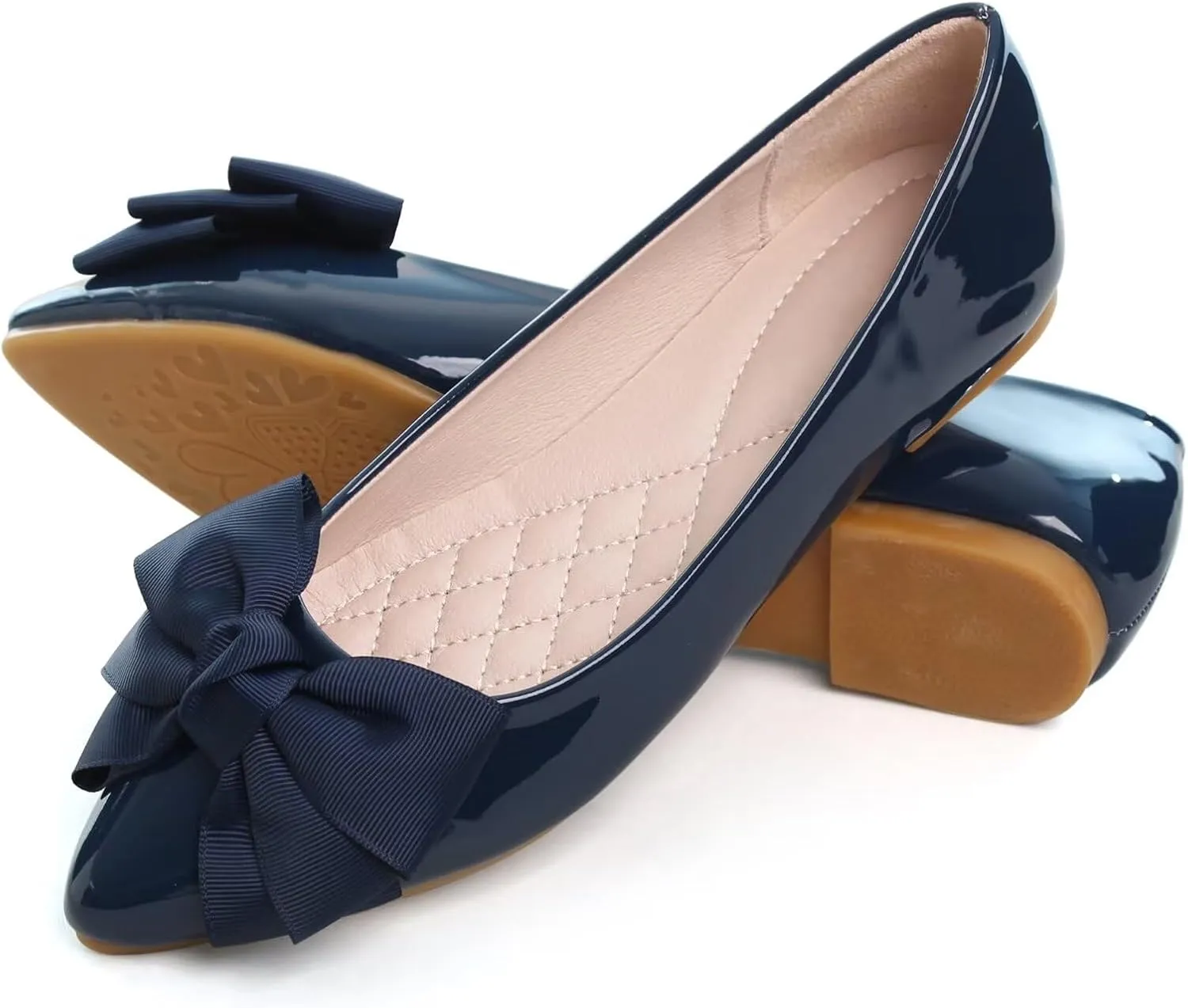 SAILING LU Womens Pointed Toe Shoes PU Ballet Flats Bow-Knot Dress Shoes Slip-on Comfortable Wear to Work Walking Flat Slip-ons