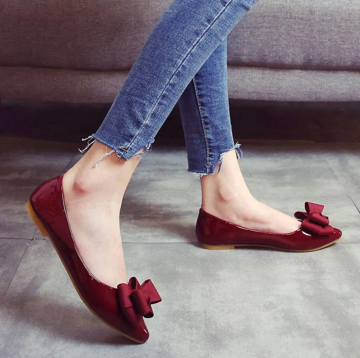 SAILING LU Womens Pointed Toe Shoes PU Ballet Flats Bow-Knot Dress Shoes Slip-on Comfortable Wear to Work Walking Flat Slip-ons
