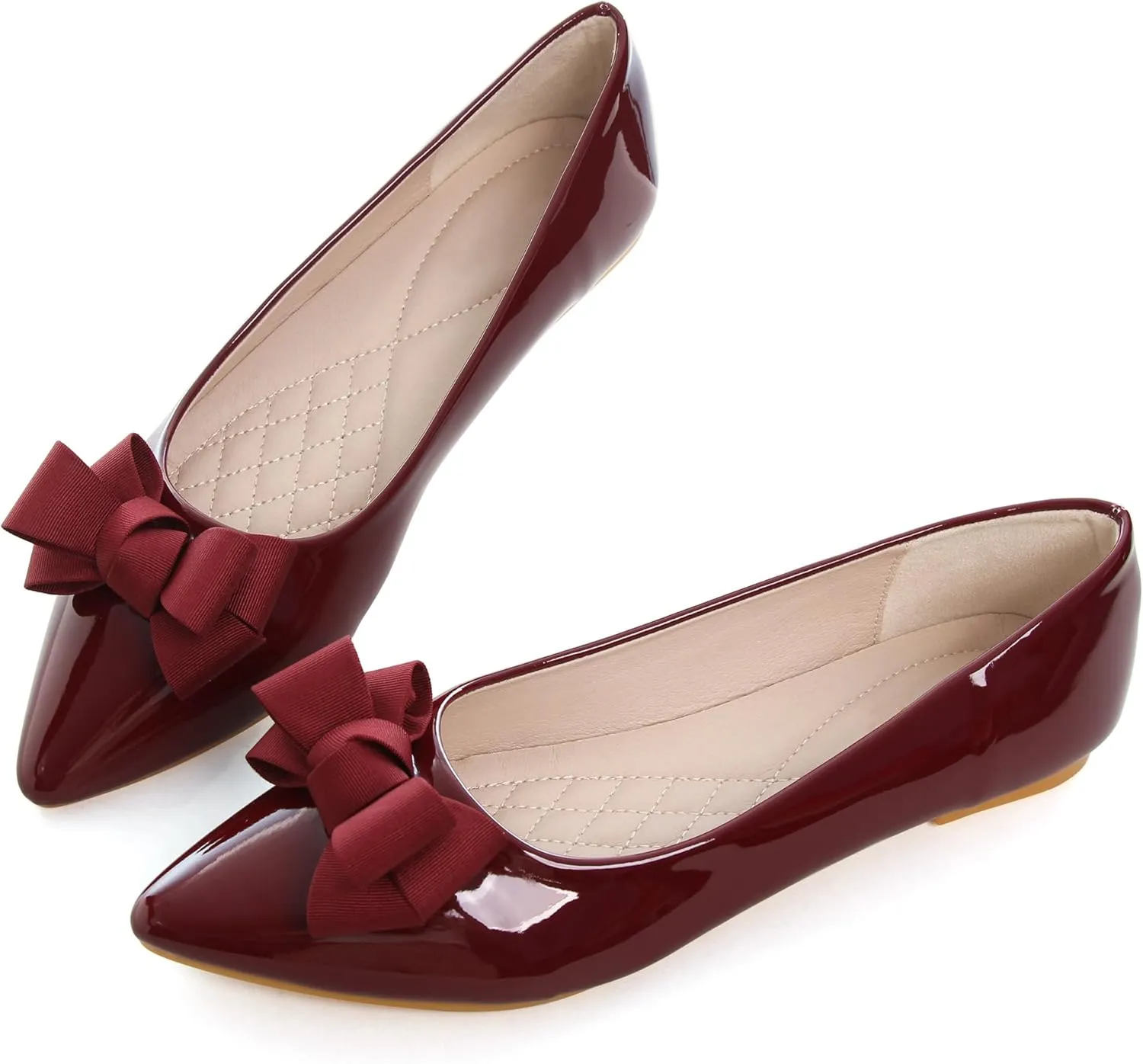 SAILING LU Womens Pointed Toe Shoes PU Ballet Flats Bow-Knot Dress Shoes Slip-on Comfortable Wear to Work Walking Flat Slip-ons
