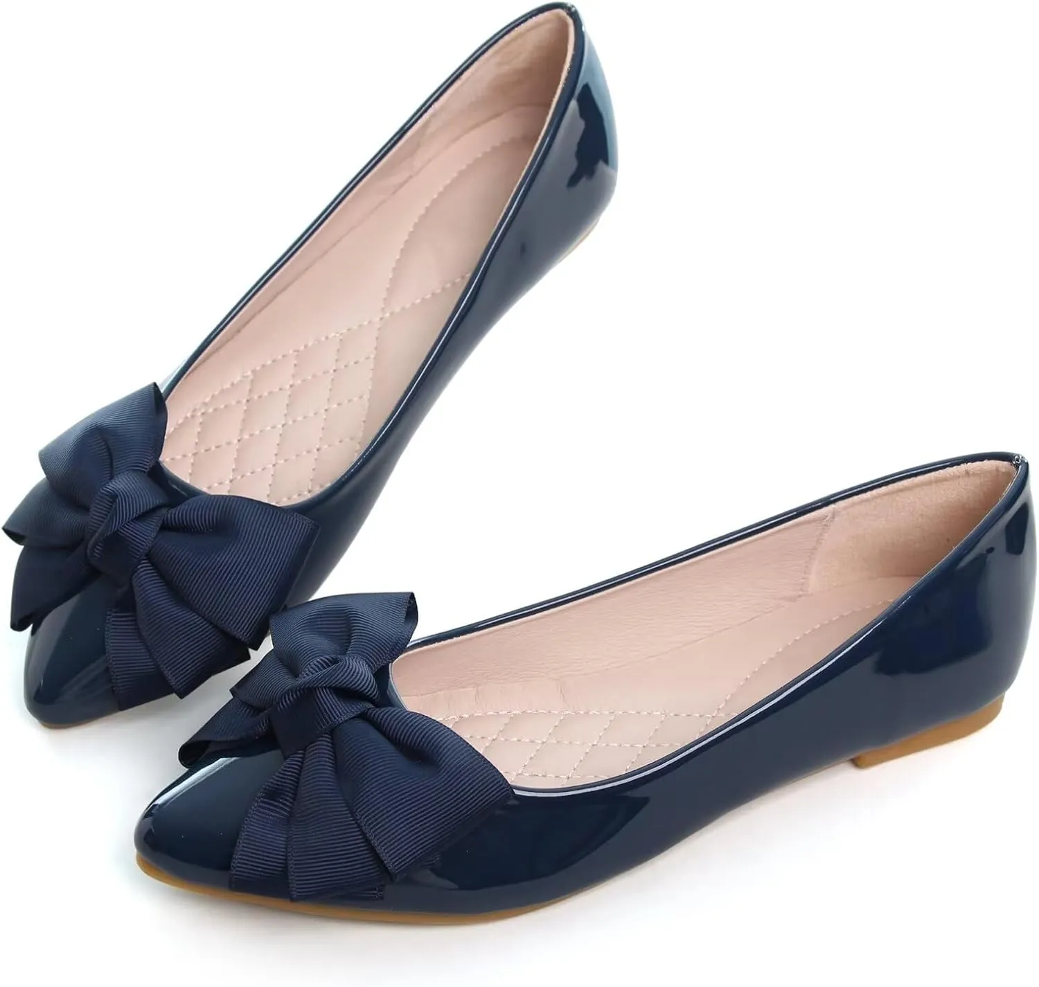 SAILING LU Womens Pointed Toe Shoes PU Ballet Flats Bow-Knot Dress Shoes Slip-on Comfortable Wear to Work Walking Flat Slip-ons