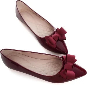 SAILING LU Womens Pointed Toe Shoes PU Ballet Flats Bow-Knot Dress Shoes Slip-on Comfortable Wear to Work Walking Flat Slip-ons
