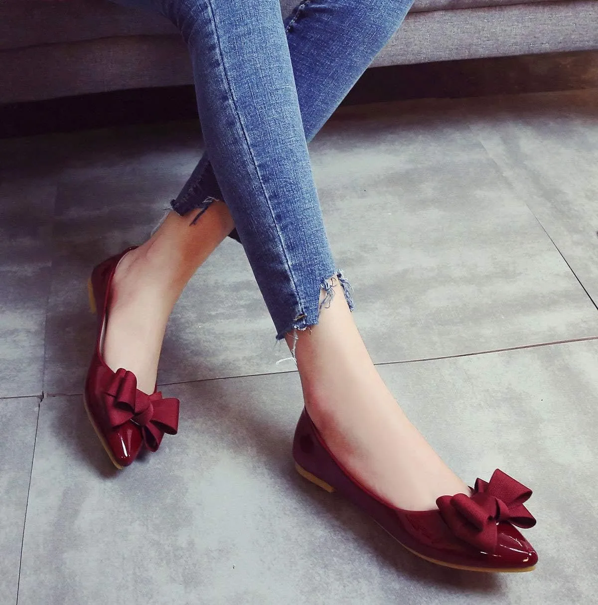SAILING LU Womens Pointed Toe Shoes PU Ballet Flats Bow-Knot Dress Shoes Slip-on Comfortable Wear to Work Walking Flat Slip-ons