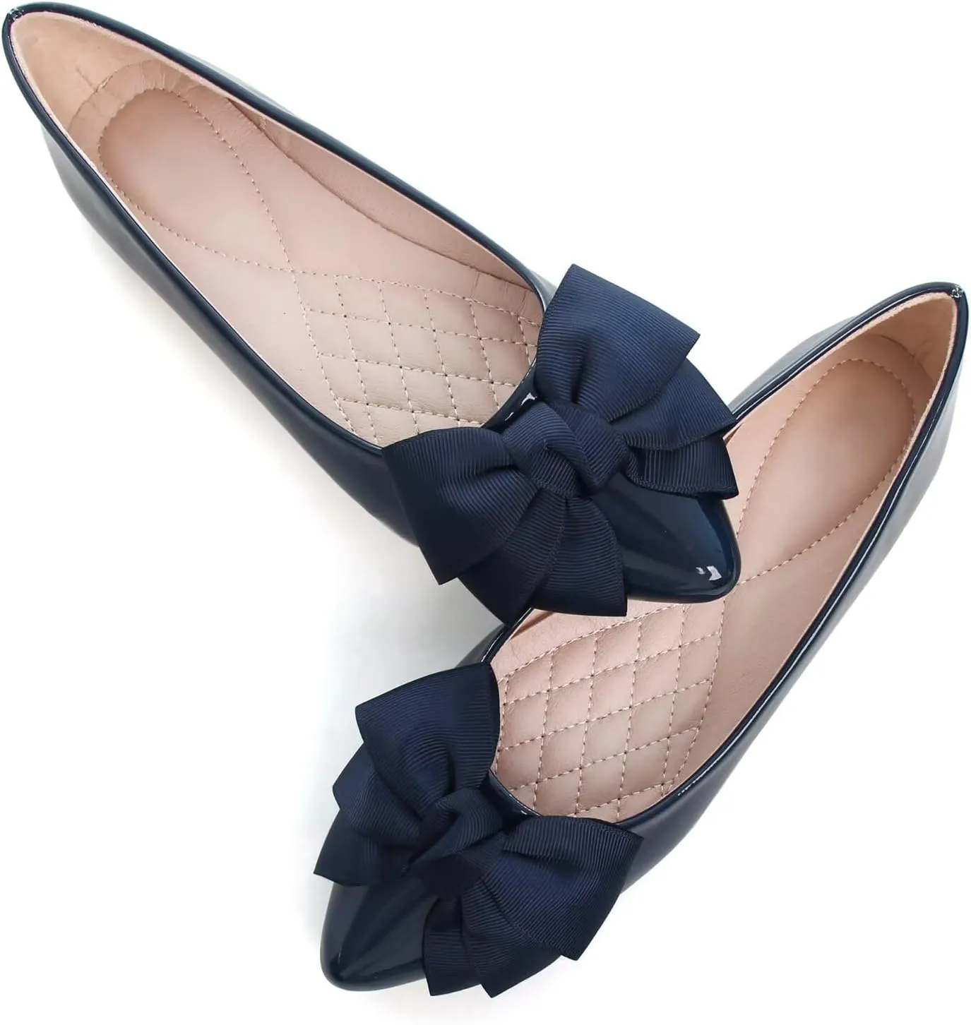SAILING LU Womens Pointed Toe Shoes PU Ballet Flats Bow-Knot Dress Shoes Slip-on Comfortable Wear to Work Walking Flat Slip-ons