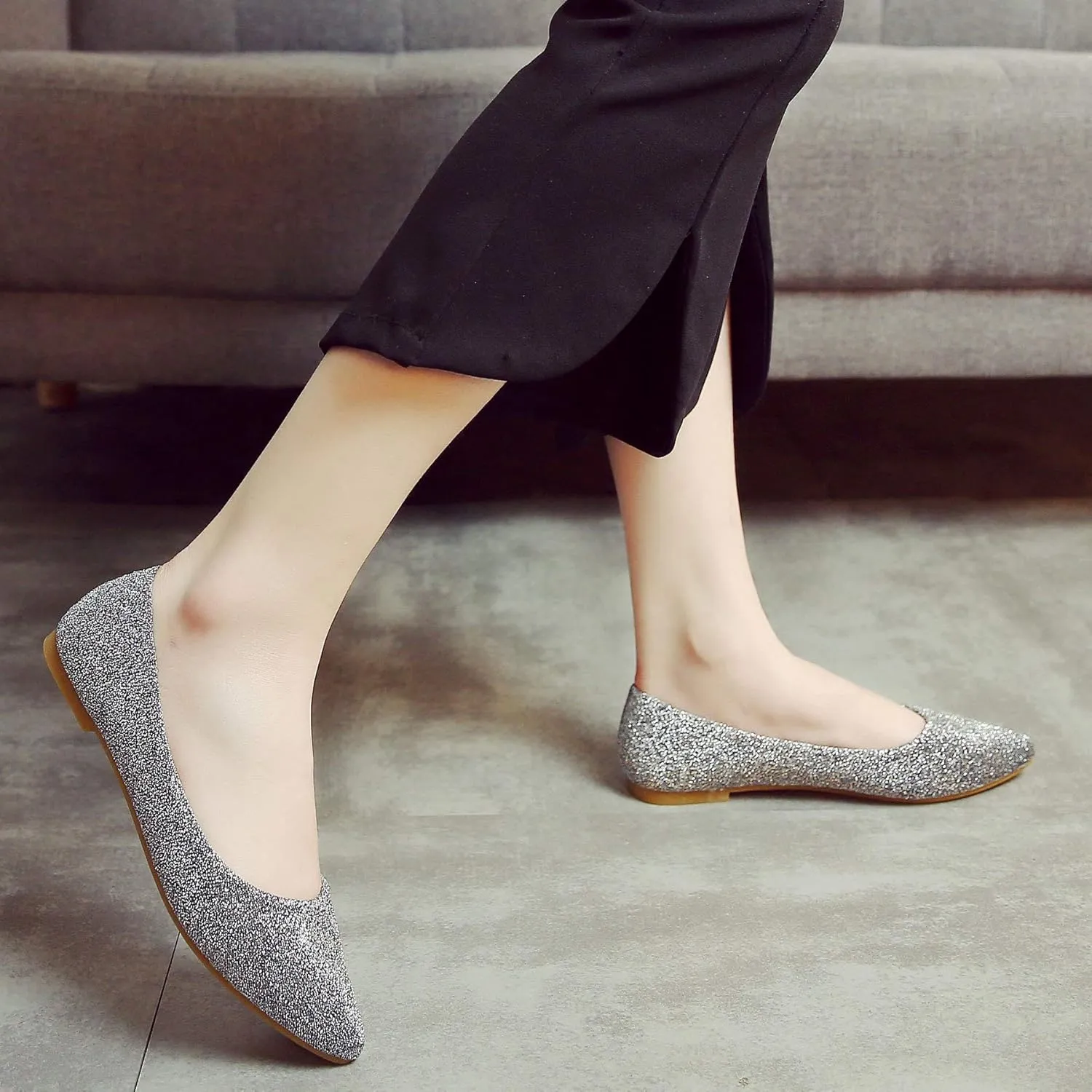SAILING LU Women's Retro Sequins Dress Shoes Comfort Pointed Toe Ballet Flats Portable Holiday Shoes for Wedding Party