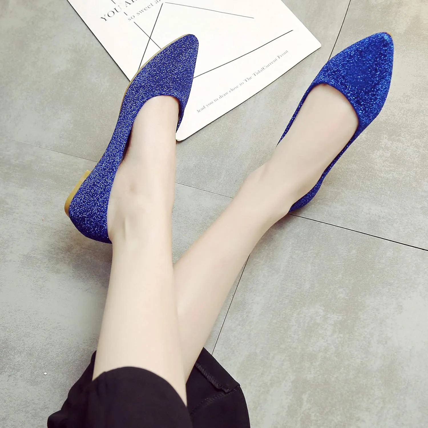 SAILING LU Women's Retro Sequins Dress Shoes Comfort Pointed Toe Ballet Flats Portable Holiday Shoes for Wedding Party