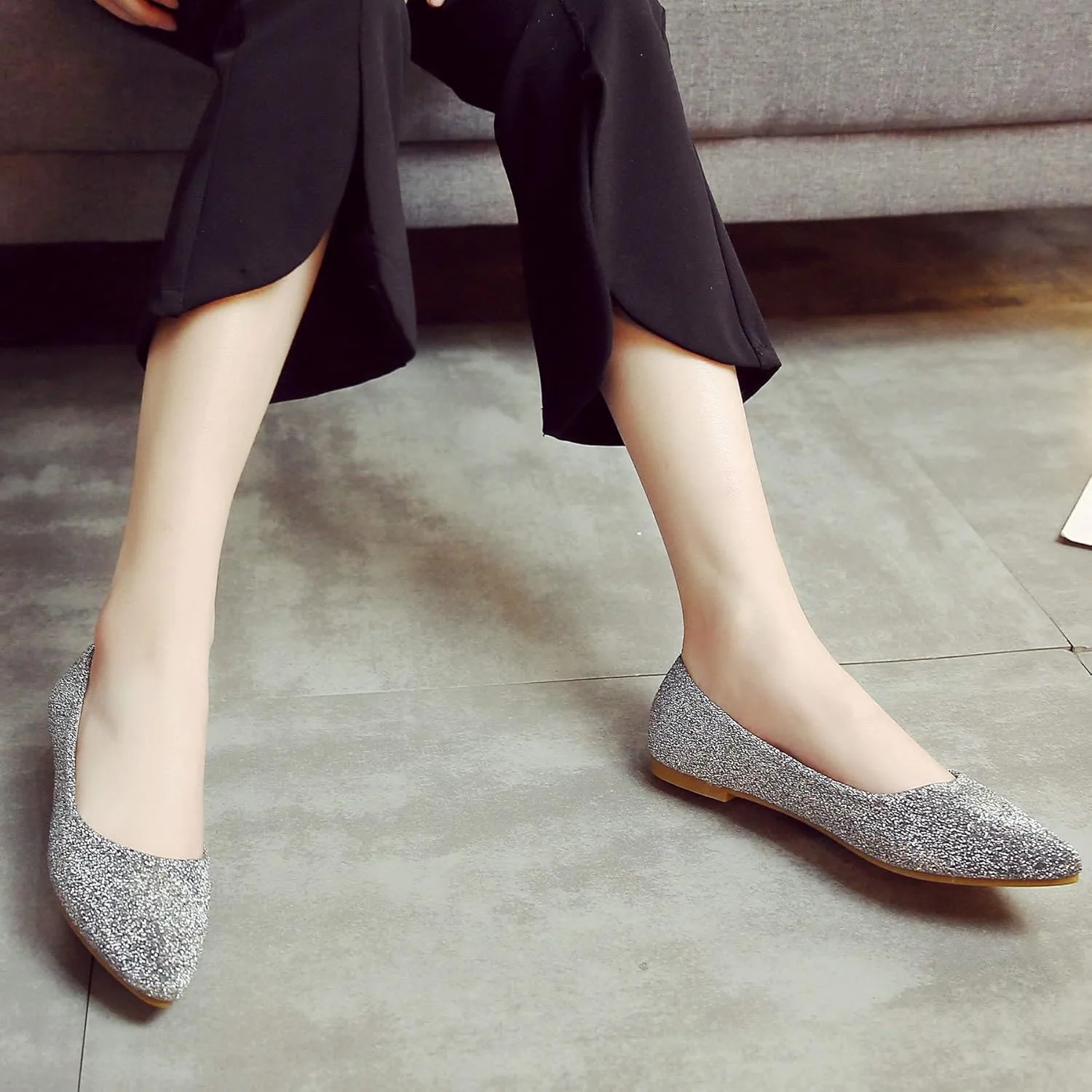 SAILING LU Women's Retro Sequins Dress Shoes Comfort Pointed Toe Ballet Flats Portable Holiday Shoes for Wedding Party