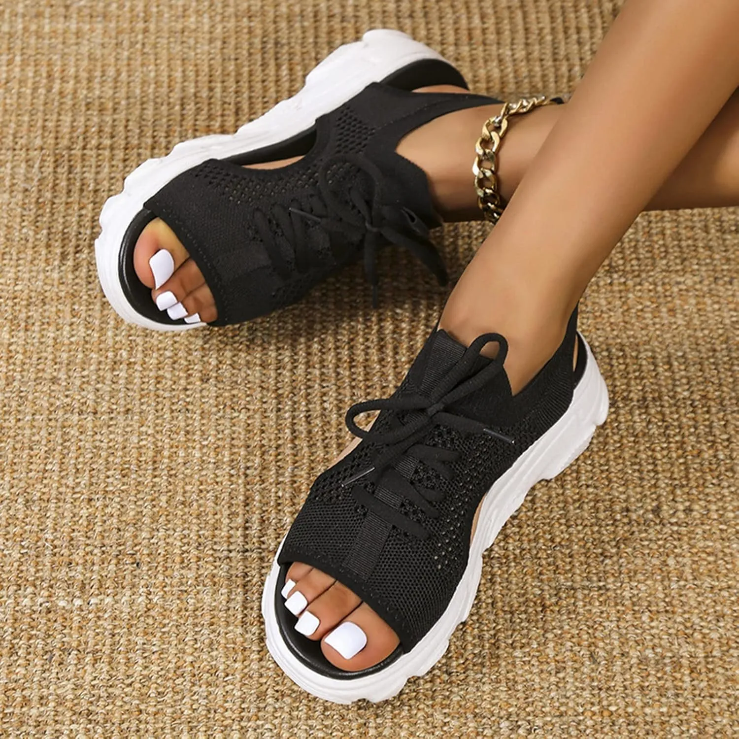 Sandals for Women Summer Women Sandals Mesh Casual Thick Soled Lace Up Sandals Open Toe Beach Shoes Woman Shoes Shoe for Women