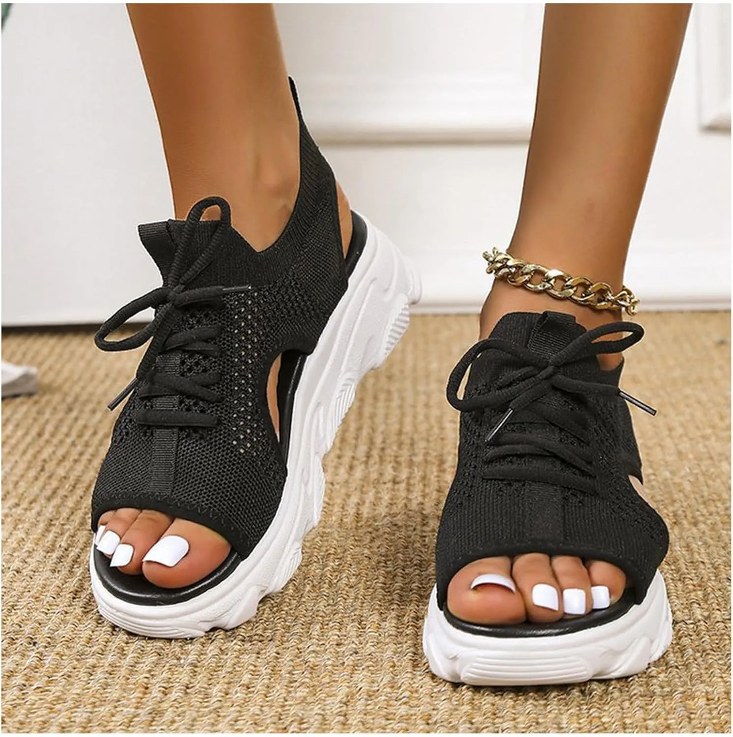 Sandals for Women Summer Women Sandals Mesh Casual Thick Soled Lace Up Sandals Open Toe Beach Shoes Woman Shoes Shoe for Women