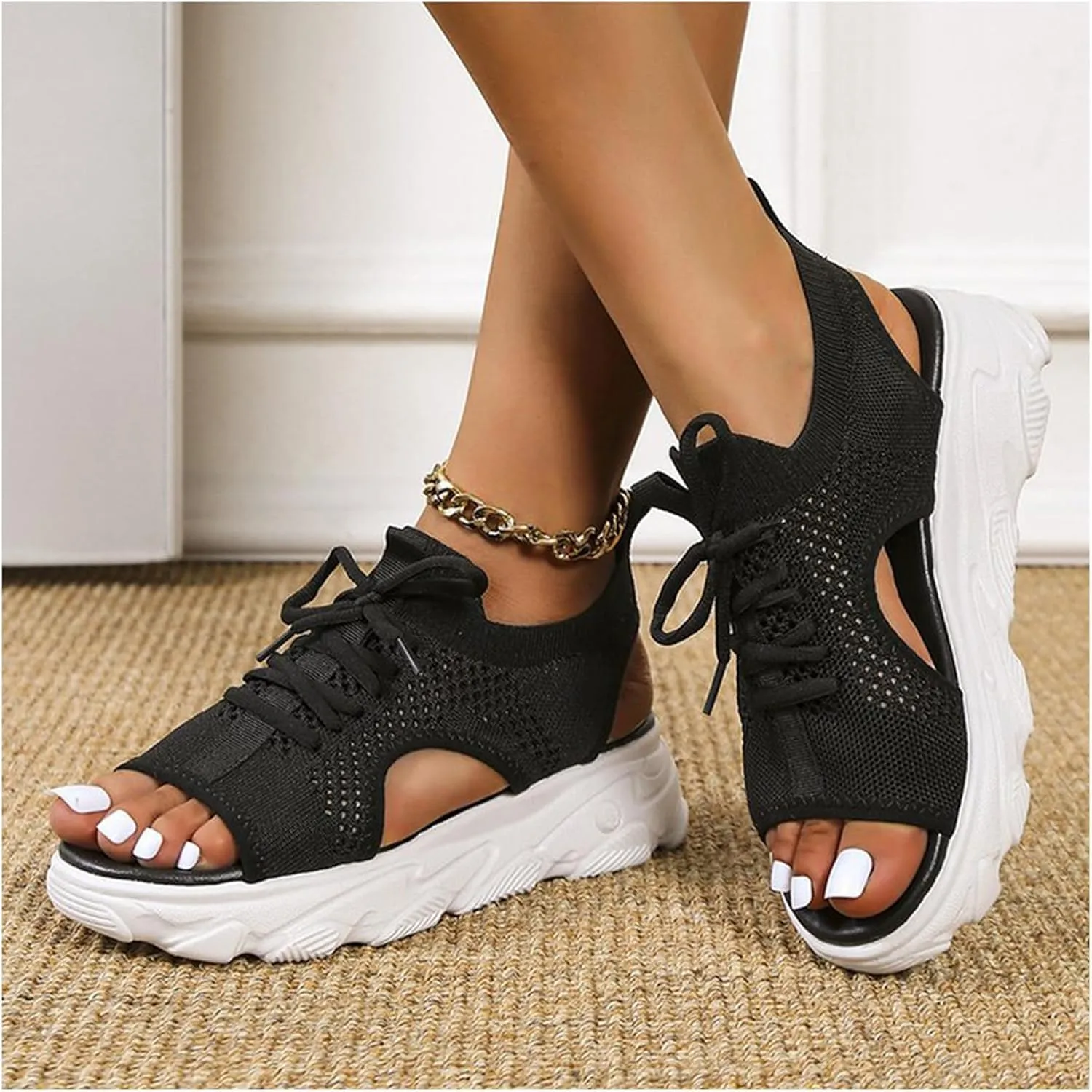 Sandals for Women Summer Women Sandals Mesh Casual Thick Soled Lace Up Sandals Open Toe Beach Shoes Woman Shoes Shoe for Women
