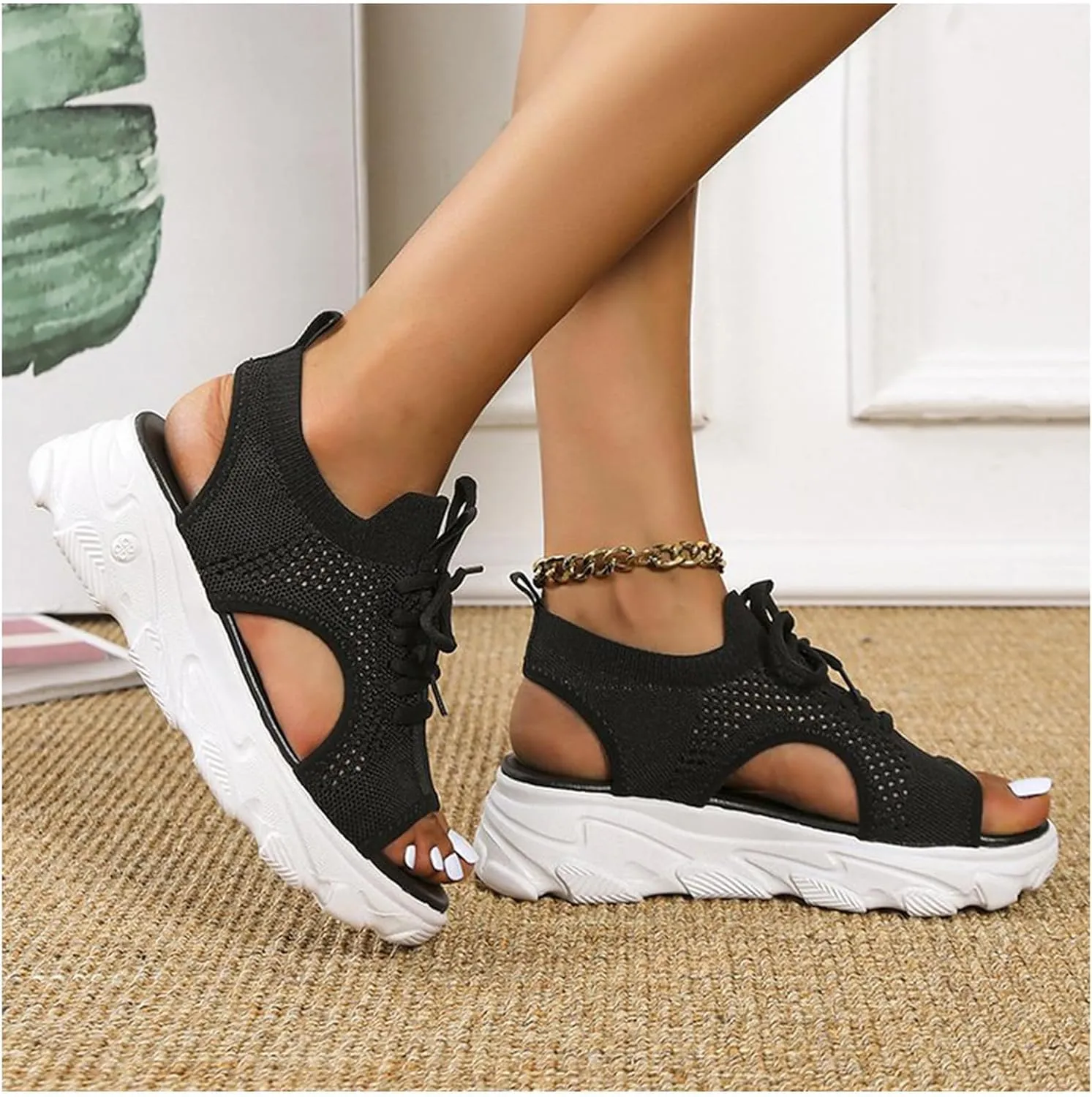 Sandals for Women Summer Women Sandals Mesh Casual Thick Soled Lace Up Sandals Open Toe Beach Shoes Woman Shoes Shoe for Women