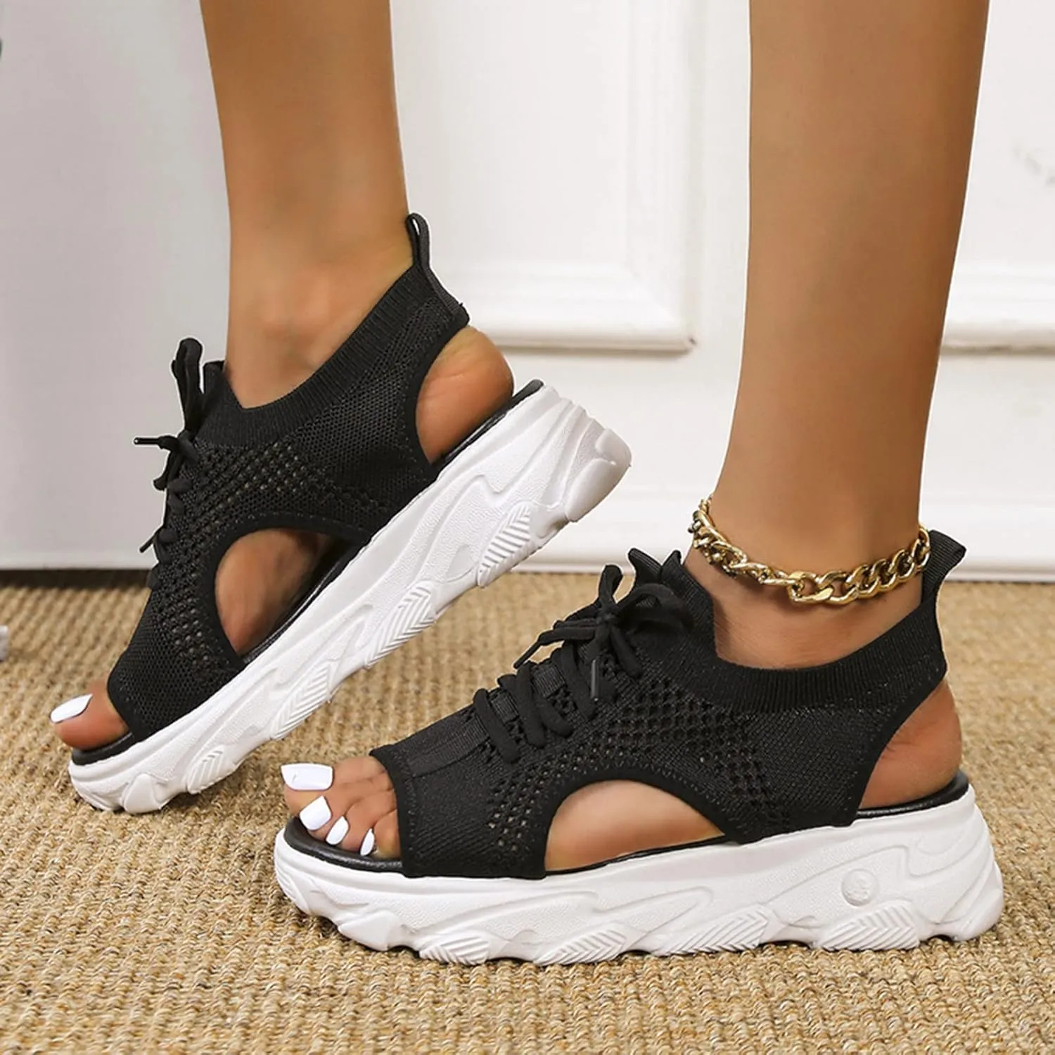 Sandals for Women Summer Women Sandals Mesh Casual Thick Soled Lace Up Sandals Open Toe Beach Shoes Woman Shoes Shoe for Women