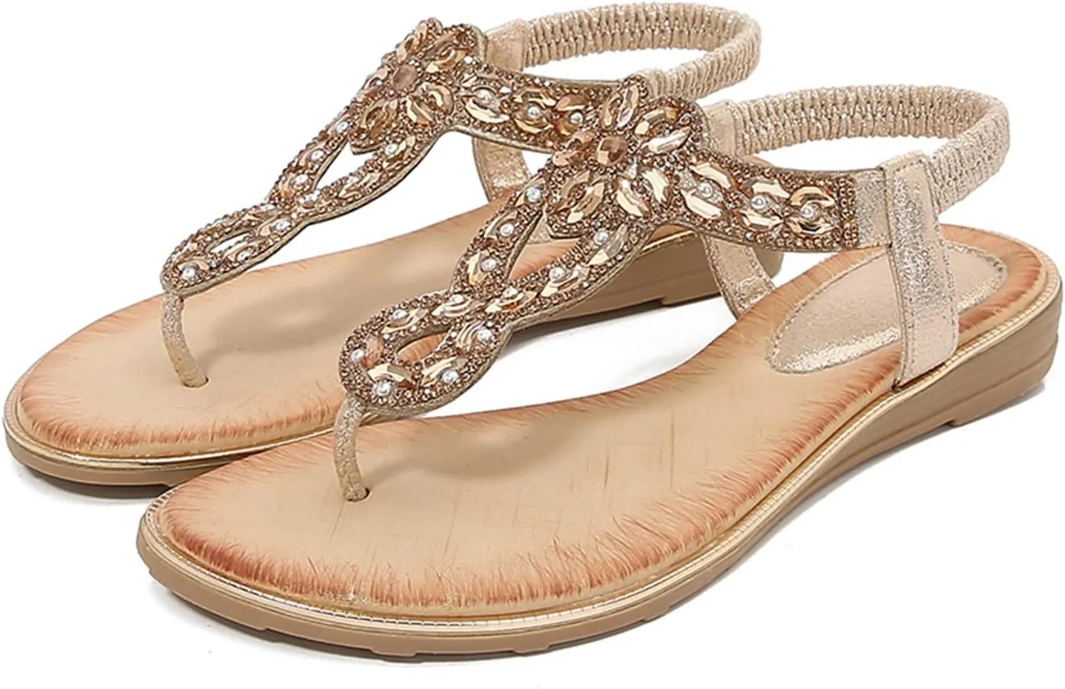 Sandals Women Comfortable Beaded Flat Casual Ankle Elastic Slip On Beach Sandals Wedge Sandals For Women
