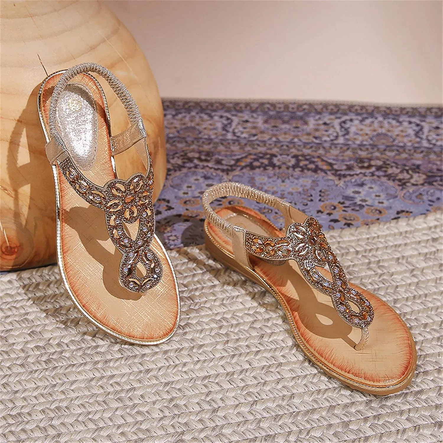 Sandals Women Comfortable Beaded Flat Casual Ankle Elastic Slip On Beach Sandals Wedge Sandals For Women