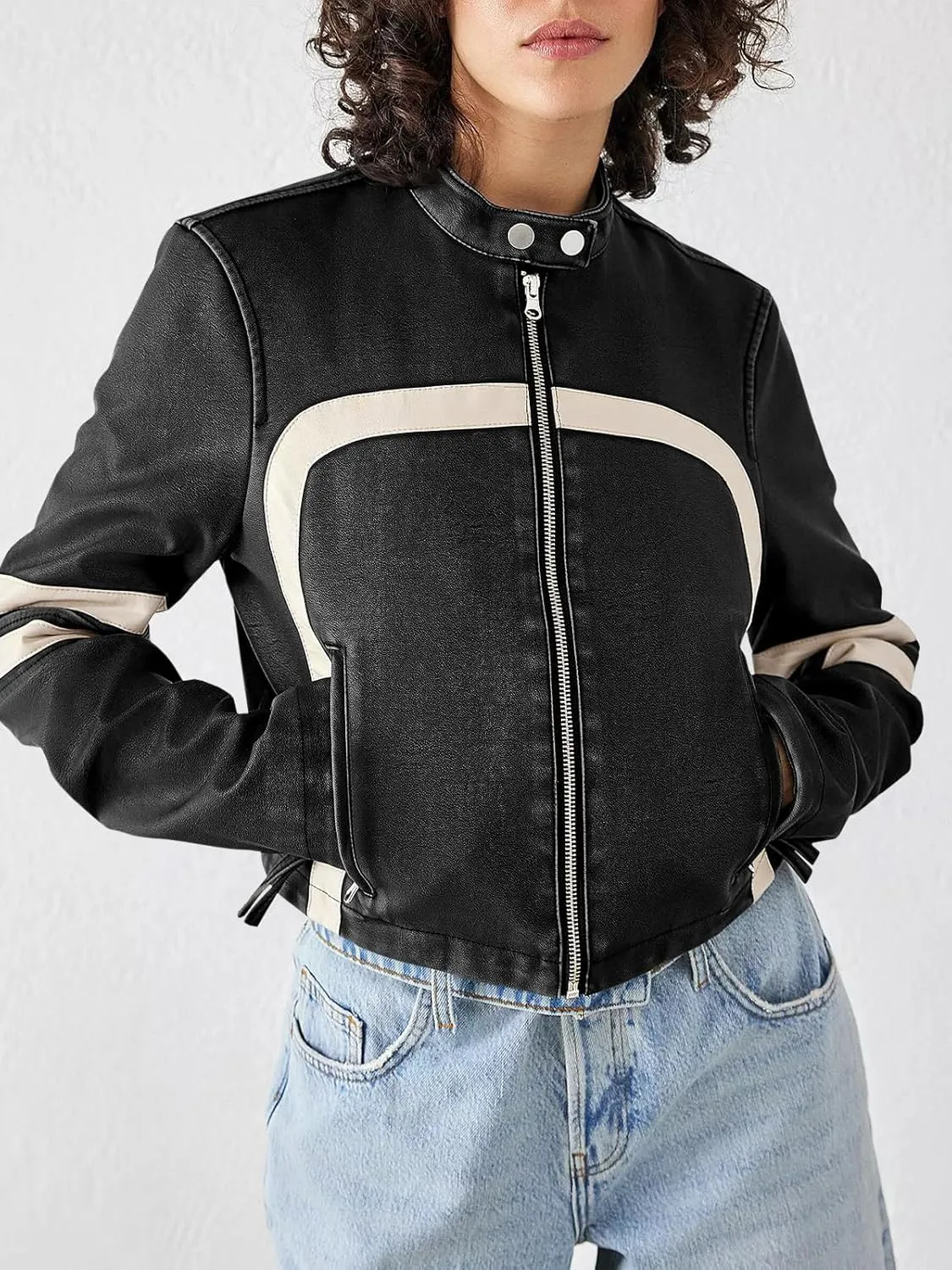 Saodimallsu Women’s Faux Leather Jackets Zip Up Stand Collar Cropped Motocross PU Coats