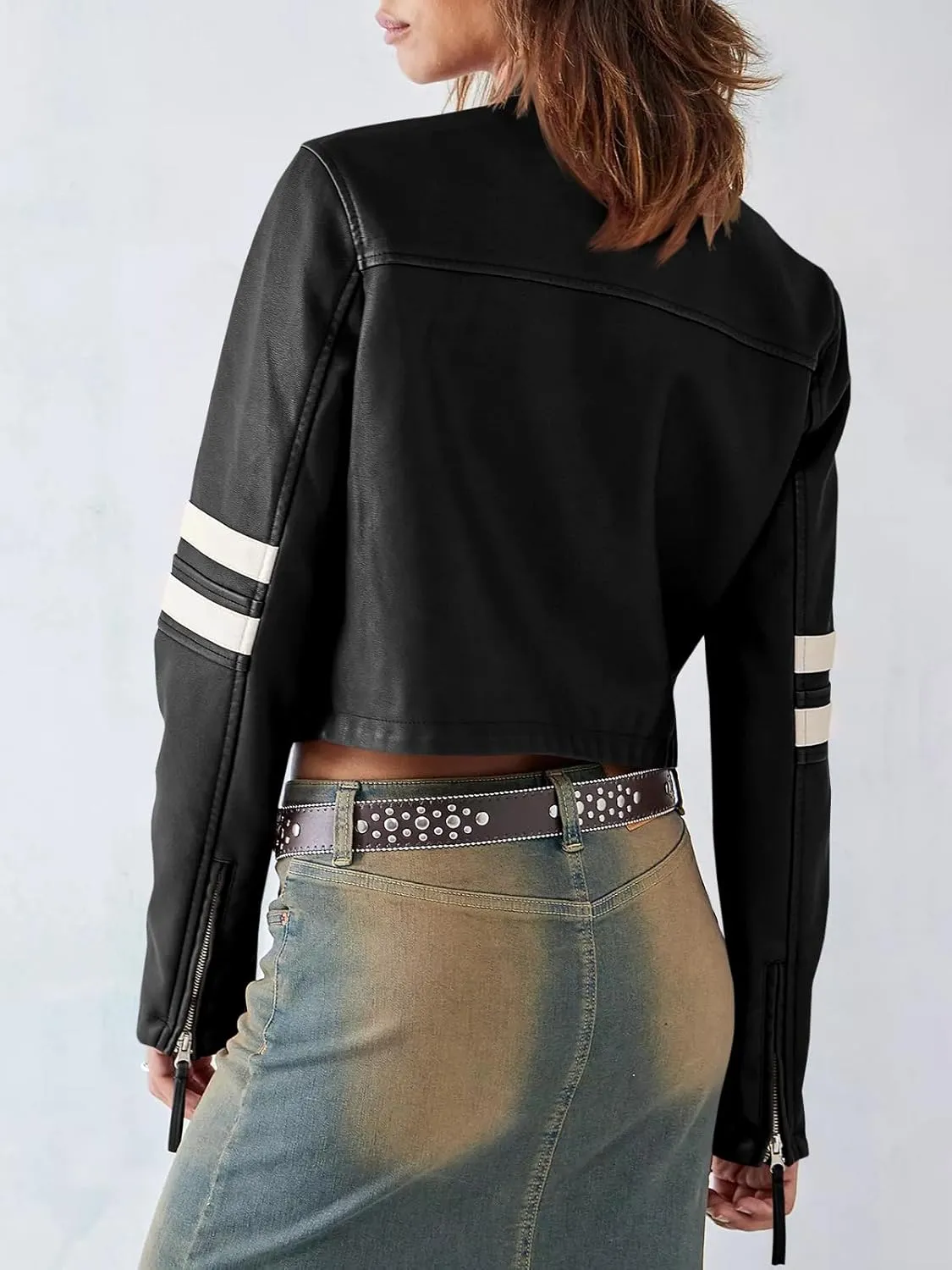 Saodimallsu Women’s Faux Leather Jackets Zip Up Stand Collar Cropped Motocross PU Coats
