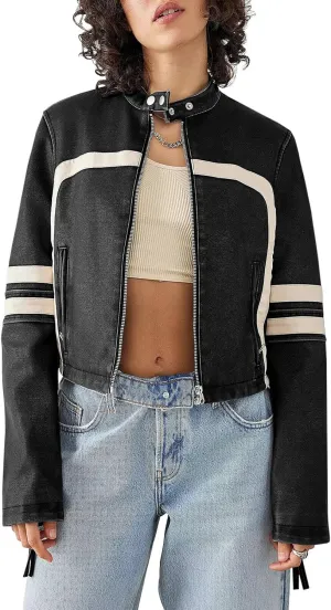 Saodimallsu Women’s Faux Leather Jackets Zip Up Stand Collar Cropped Motocross PU Coats