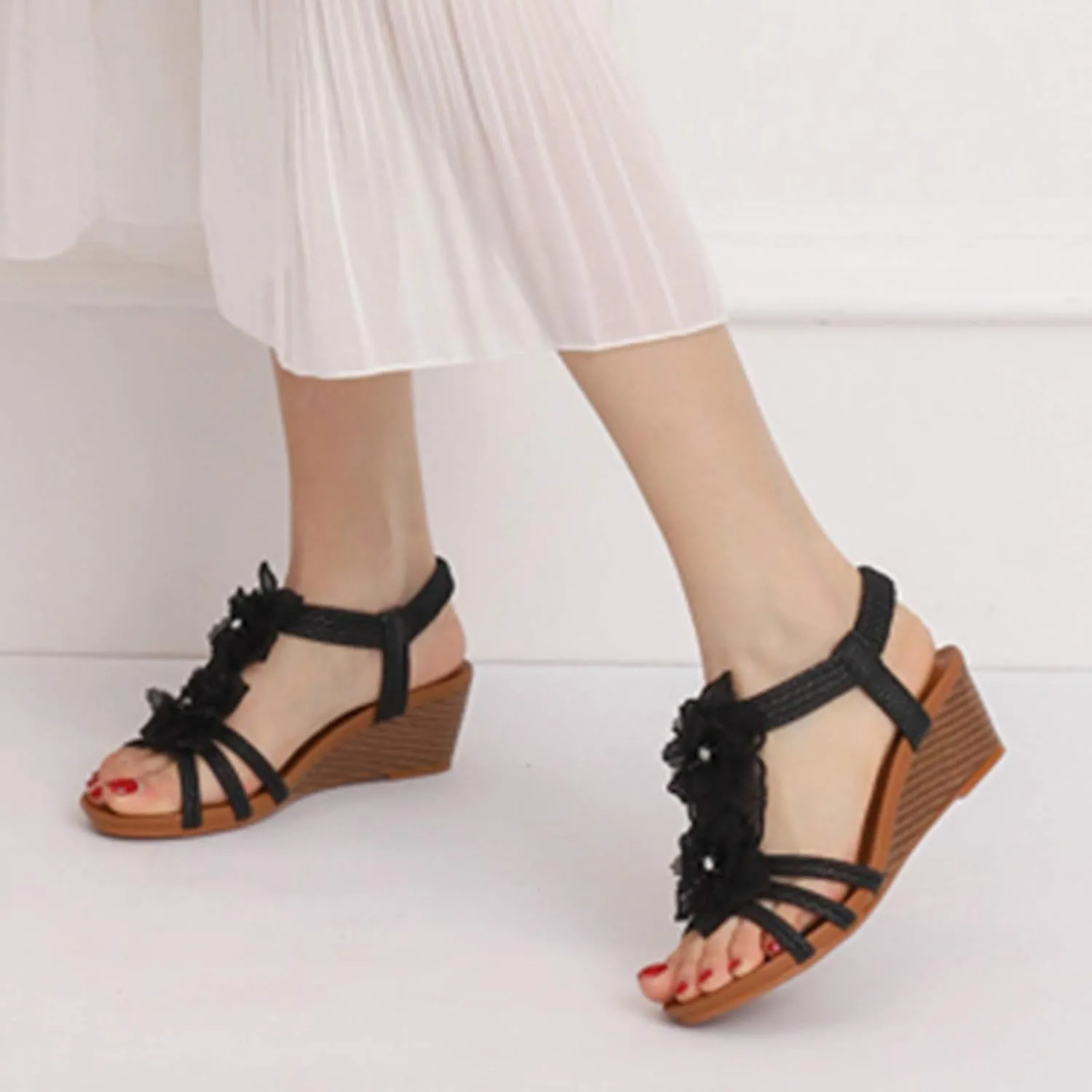Saralris Wedge Sandals for Women Cutout Peep Toe Mid Heel Rhinestones Fashion Breathable Beach Sandals