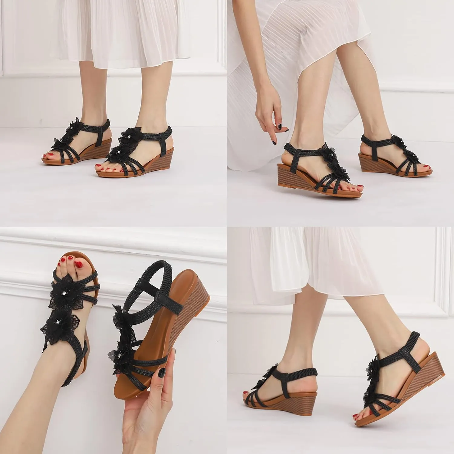Saralris Wedge Sandals for Women Cutout Peep Toe Mid Heel Rhinestones Fashion Breathable Beach Sandals