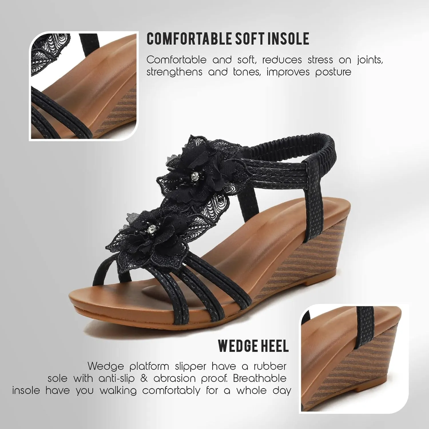 Saralris Wedge Sandals for Women Cutout Peep Toe Mid Heel Rhinestones Fashion Breathable Beach Sandals