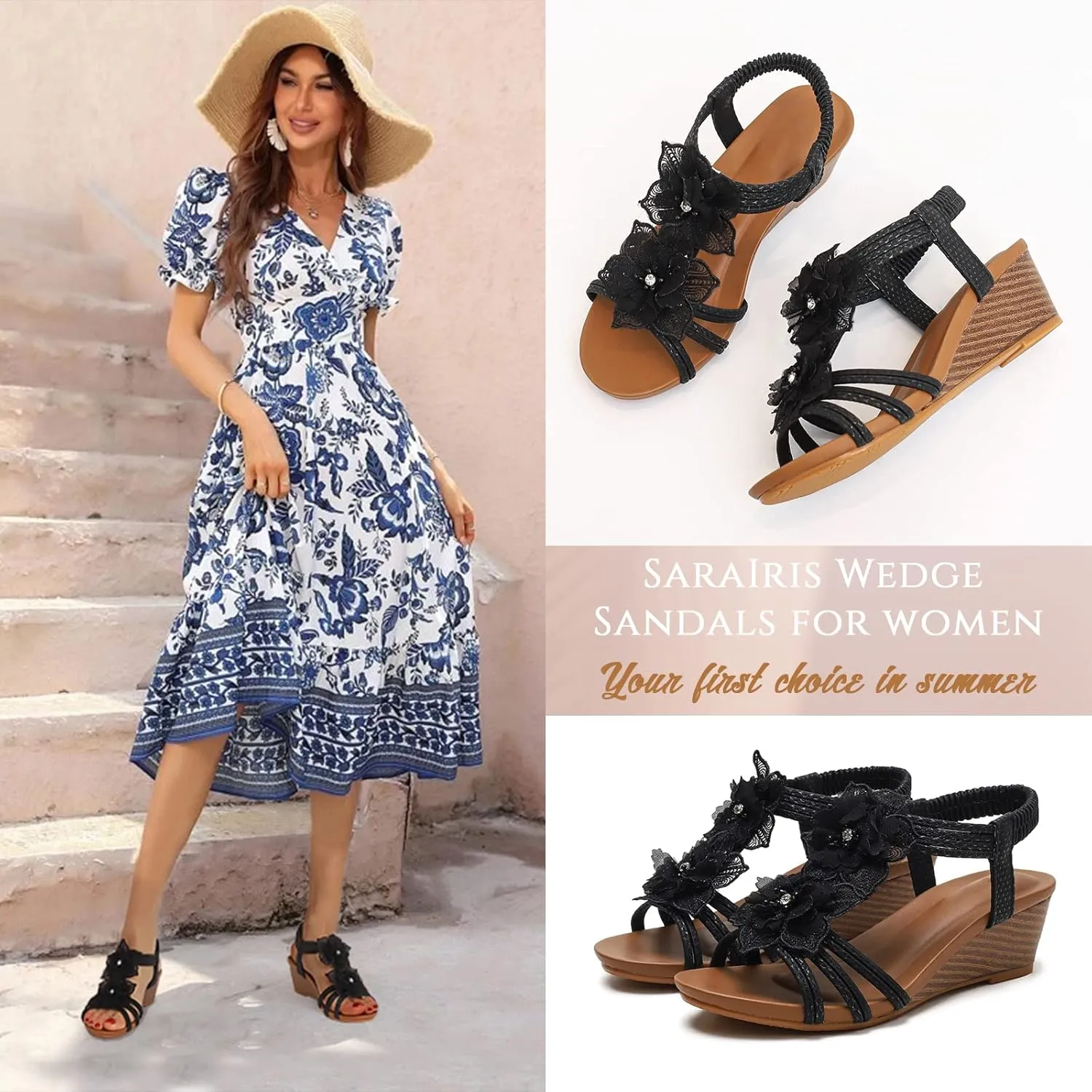 Saralris Wedge Sandals for Women Cutout Peep Toe Mid Heel Rhinestones Fashion Breathable Beach Sandals