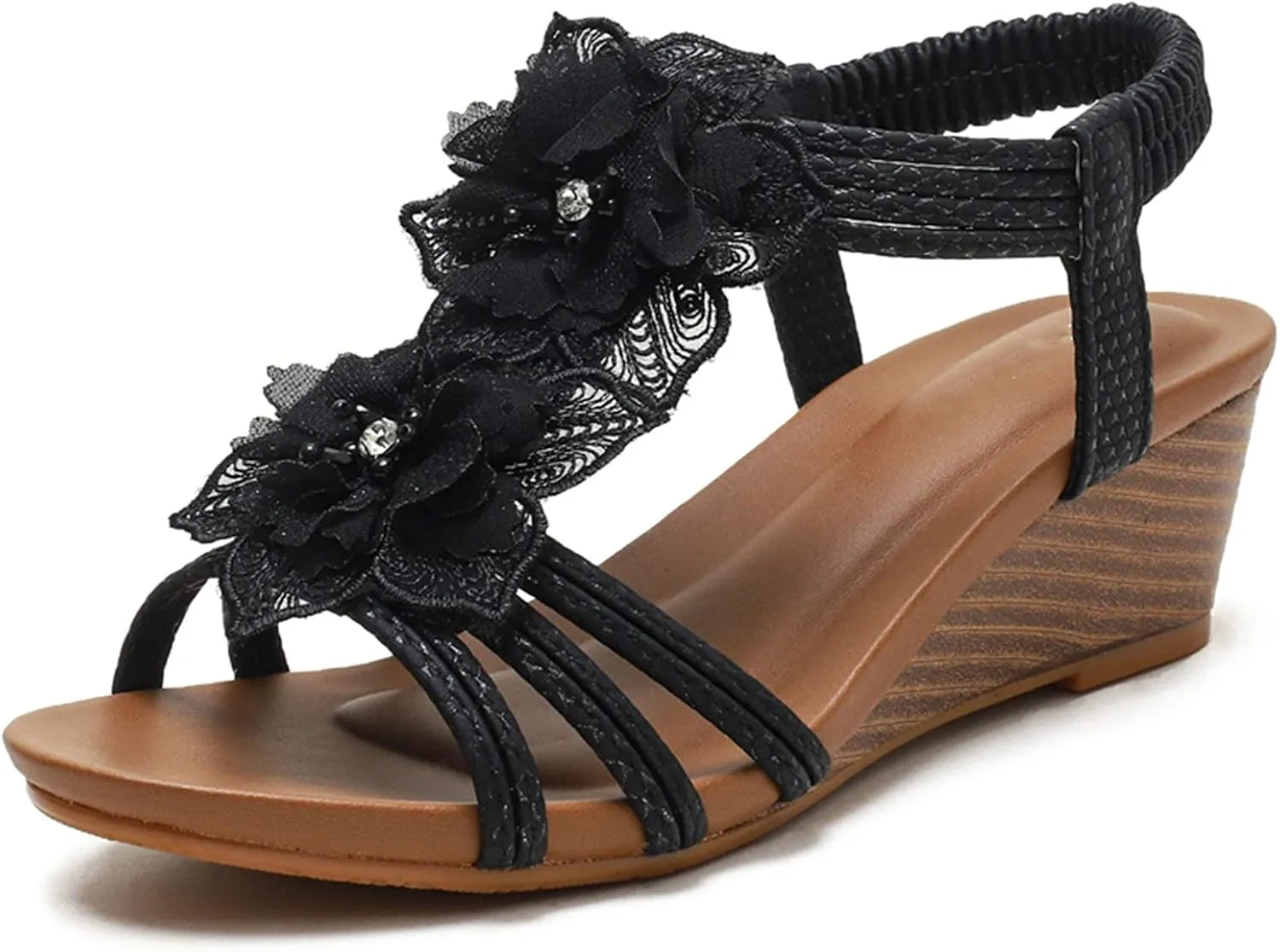 Saralris Wedge Sandals for Women Cutout Peep Toe Mid Heel Rhinestones Fashion Breathable Beach Sandals