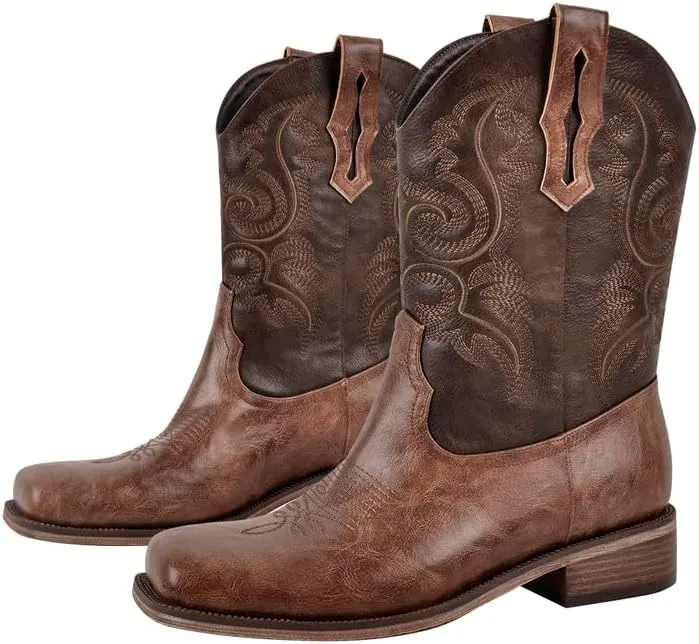 sexytag Cowboy Boots for Men Square Toe Embroidered Western Short Ankle Booties