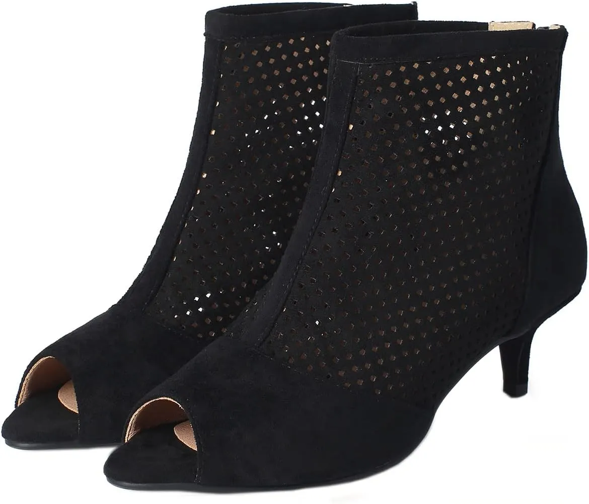 SHEMEE Women's Peep Toe Kitten Heels Ankle Boots Faux Suede Hollow Out High Heel Sandals Summer Booties Shoes with Back Zipper