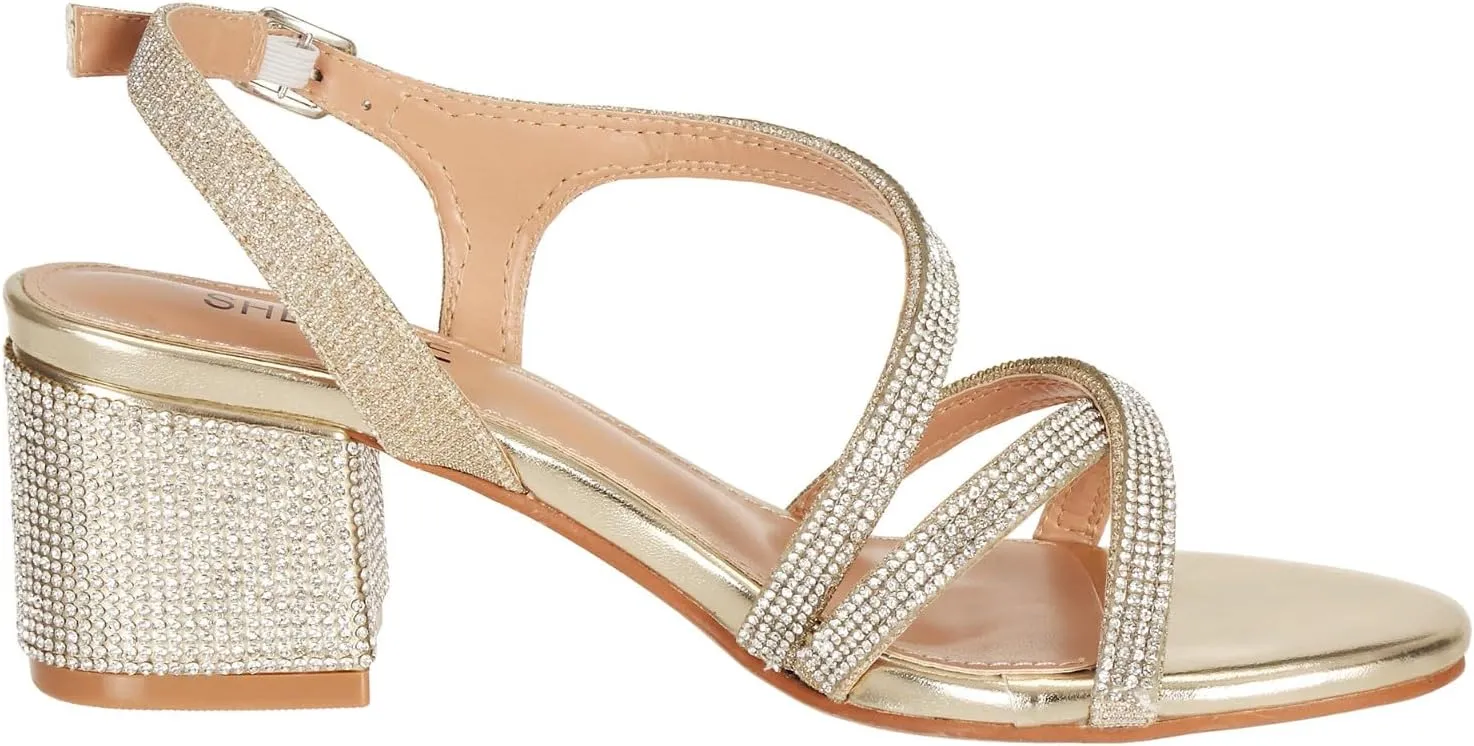SheSole Women's Strappy Low Chunky Block Heels Sandals Open Toe Sparkly Rhinestone Wedding Prom Formal Evening Shoes