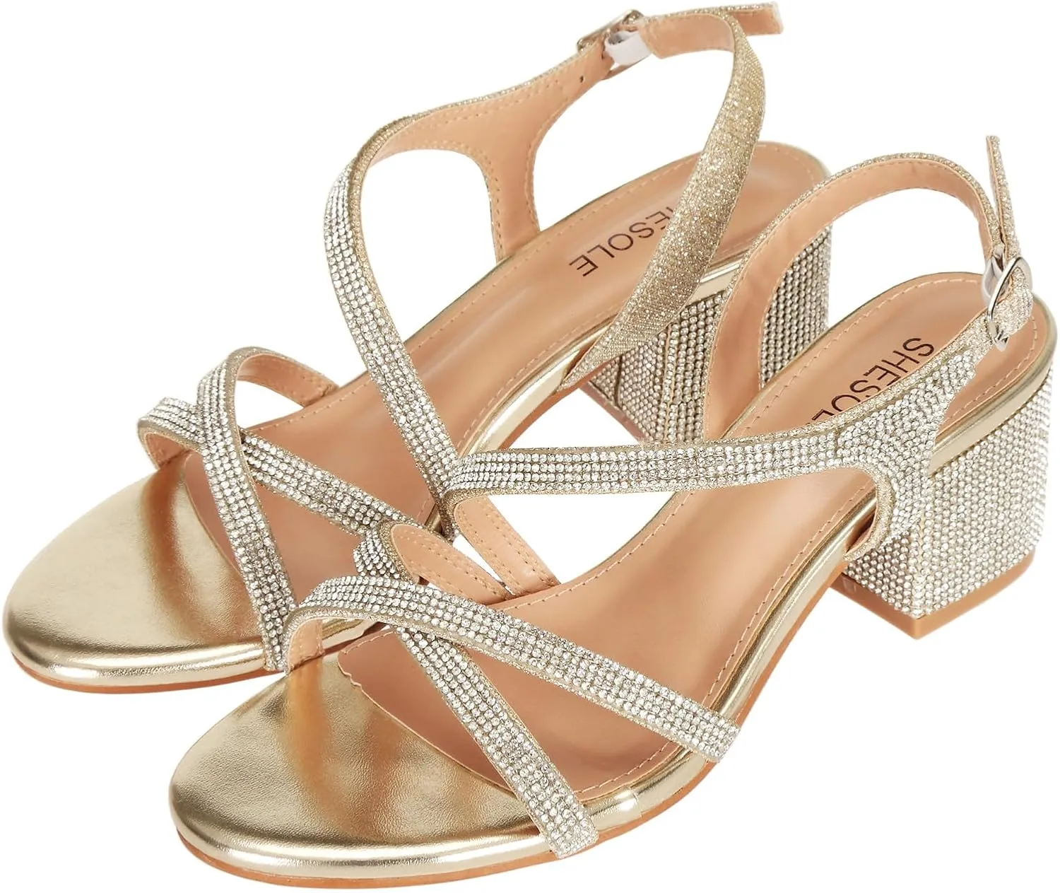 SheSole Women's Strappy Low Chunky Block Heels Sandals Open Toe Sparkly Rhinestone Wedding Prom Formal Evening Shoes