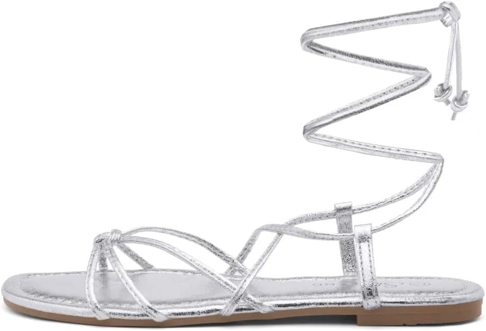 Shoe Land Flashh Women's Flat Strappy Lace Up Sandal Open Toe Comfortable Dressy Gladiator Sandals Tie up Ankle Strap Shoes for Summer