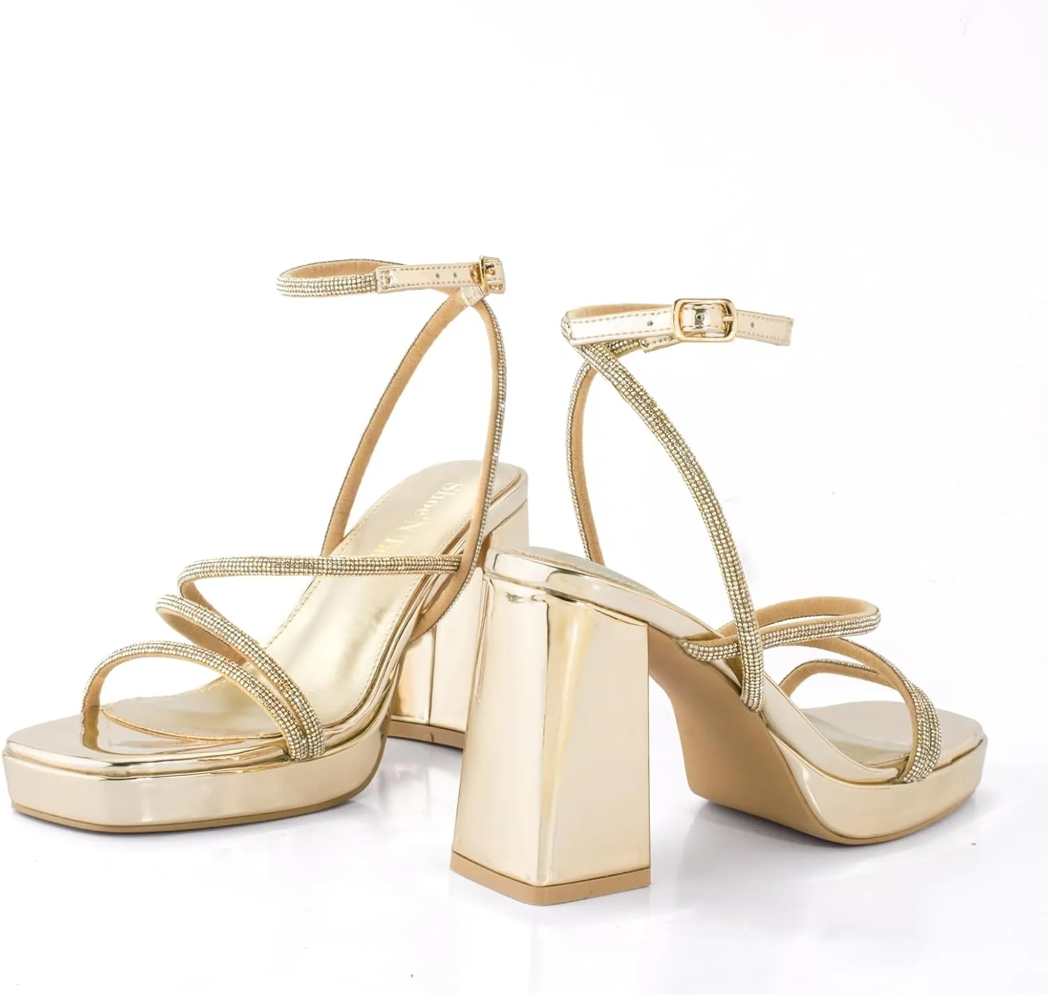 Shoe'N Tale Platform Heels for Women Strappy Block Chunky Heels Square Toe Ankle Buckle Sandals