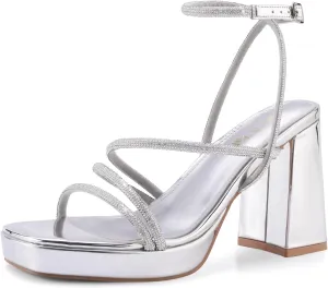 Shoe'N Tale Platform Heels for Women Strappy Block Chunky Heels Square Toe Ankle Buckle Sandals