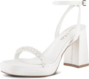 Shoe'N Tale Platform Pearl Heels for Women Strappy Block Chunky Heels Square Toe Sandals