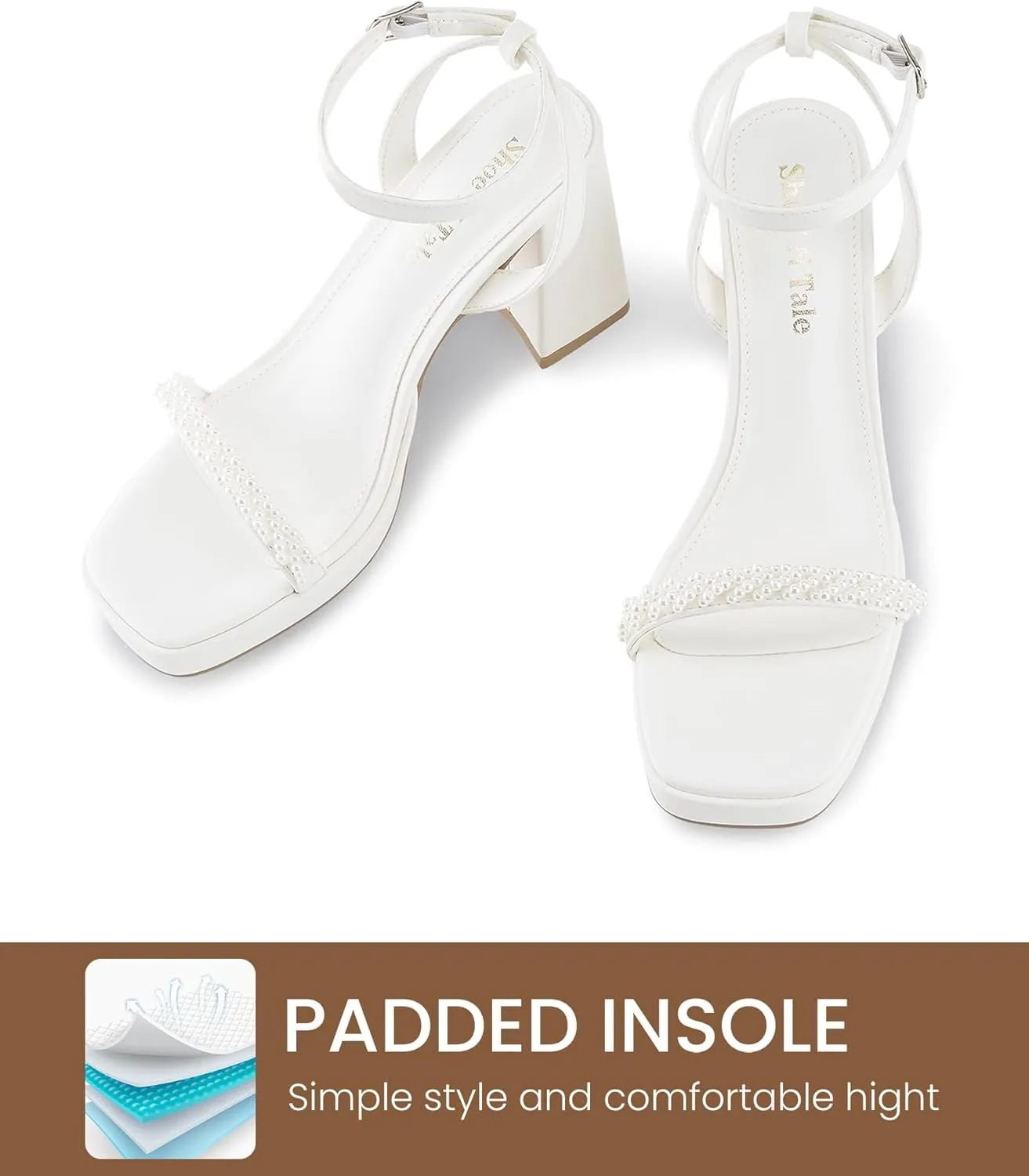 Shoe'N Tale Platform Pearl Heels for Women Strappy Block Chunky Heels Square Toe Sandals