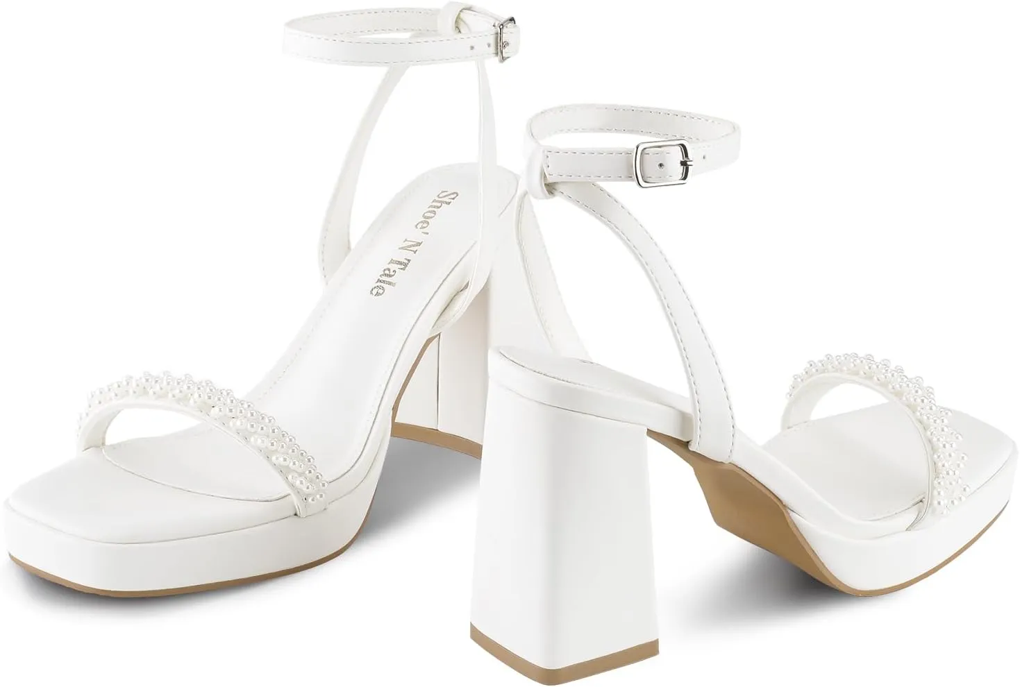 Shoe'N Tale Platform Pearl Heels for Women Strappy Block Chunky Heels Square Toe Sandals