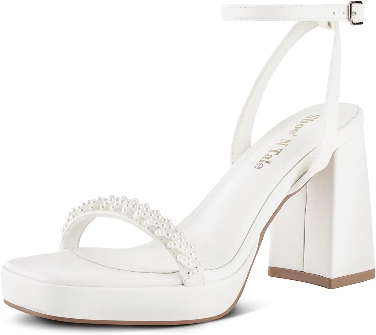 Shoe'N Tale Platform Pearl Heels for Women Strappy Block Chunky Heels Square Toe Sandals