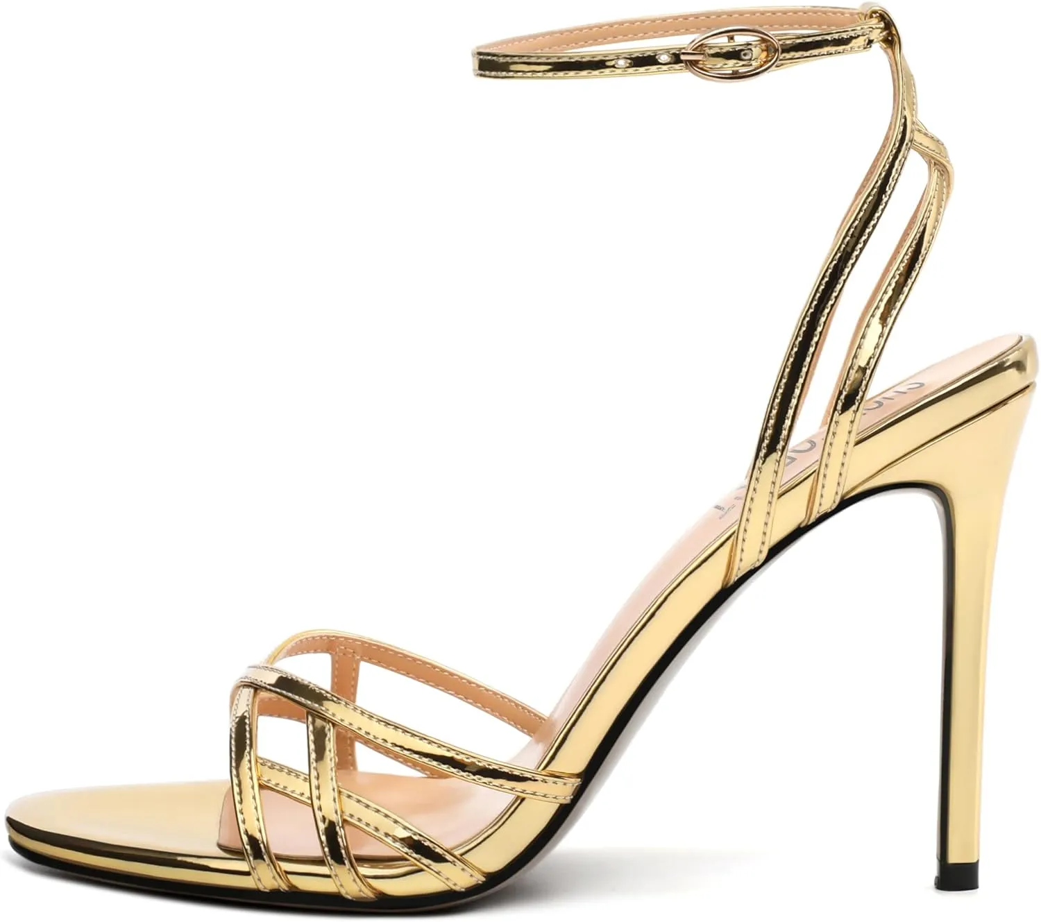 SHOWFOREST Strappy Heels for Women Stiletto High Heels Open Round Toe Patent 4 Inch Sandals with Ankle Strap Sexy for Dating Party Evening Dress Shoes