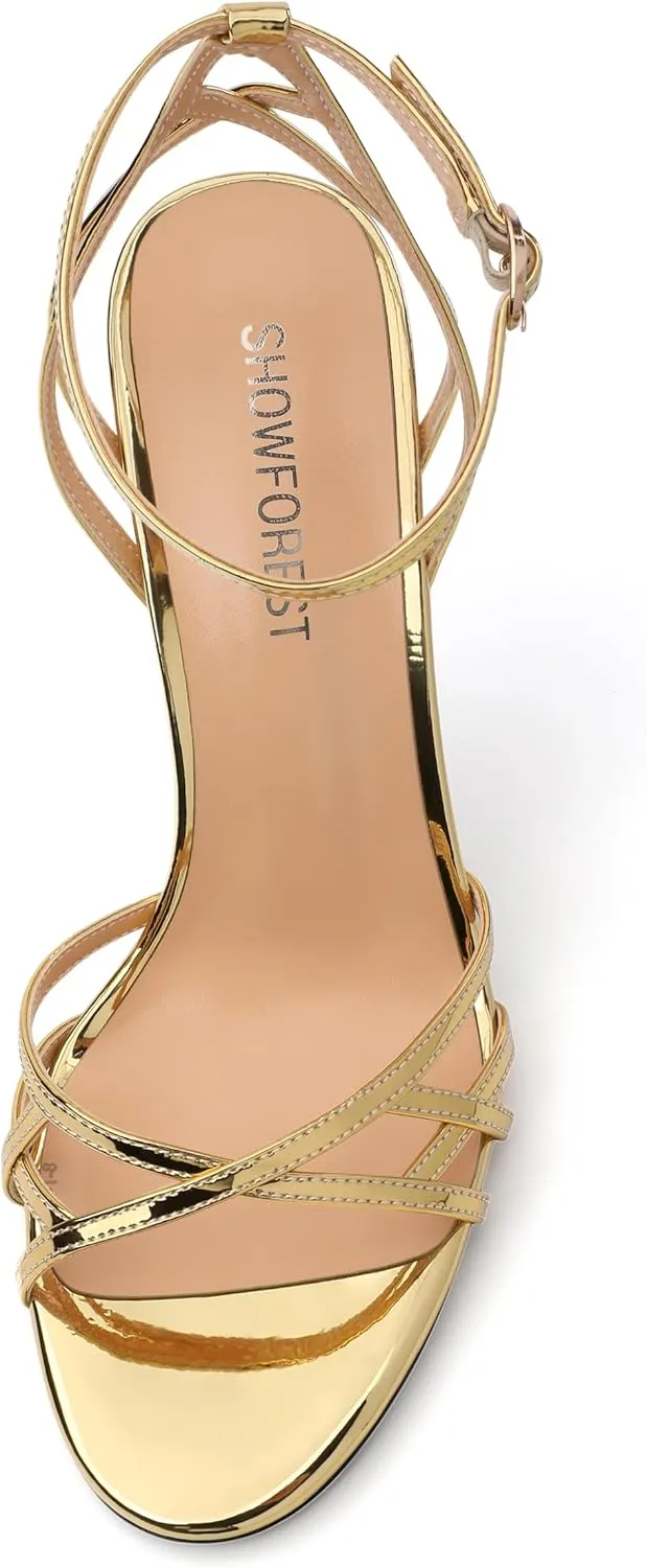 SHOWFOREST Strappy Heels for Women Stiletto High Heels Open Round Toe Patent 4 Inch Sandals with Ankle Strap Sexy for Dating Party Evening Dress Shoes