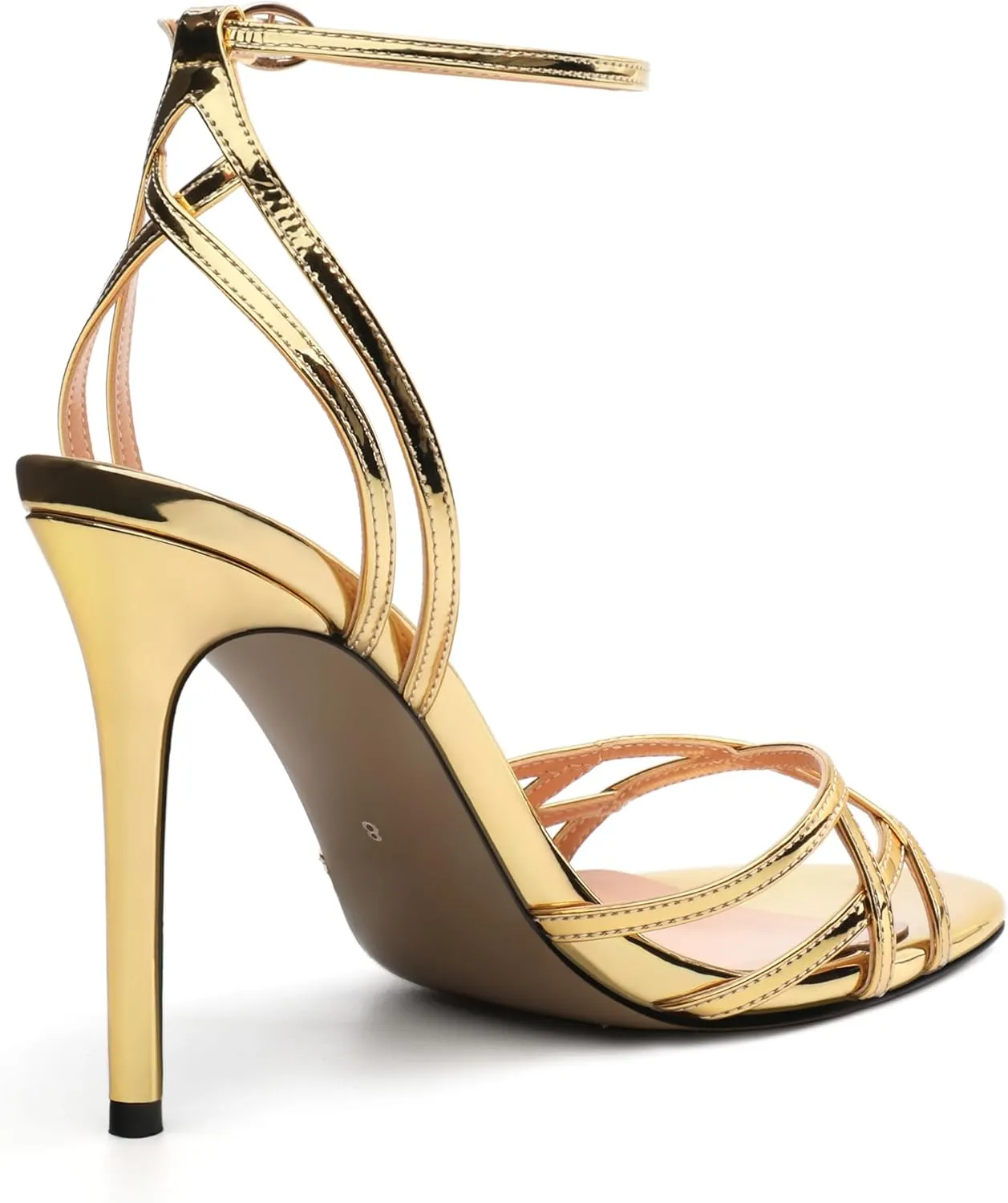 SHOWFOREST Strappy Heels for Women Stiletto High Heels Open Round Toe Patent 4 Inch Sandals with Ankle Strap Sexy for Dating Party Evening Dress Shoes