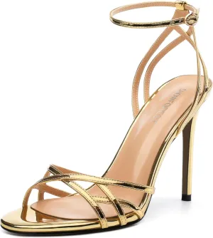 SHOWFOREST Strappy Heels for Women Stiletto High Heels Open Round Toe Patent 4 Inch Sandals with Ankle Strap Sexy for Dating Party Evening Dress Shoes