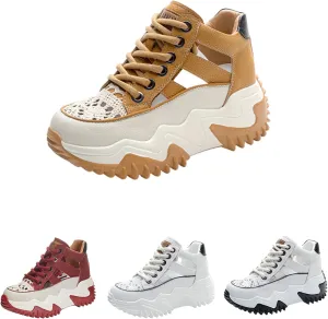 SOLPNOW Women's Leather Breathable Platform Sneakers,Summer Lace-Up Non-Slip Hollow Sandals,Outdoor Hiking Workout Driving Shoes
