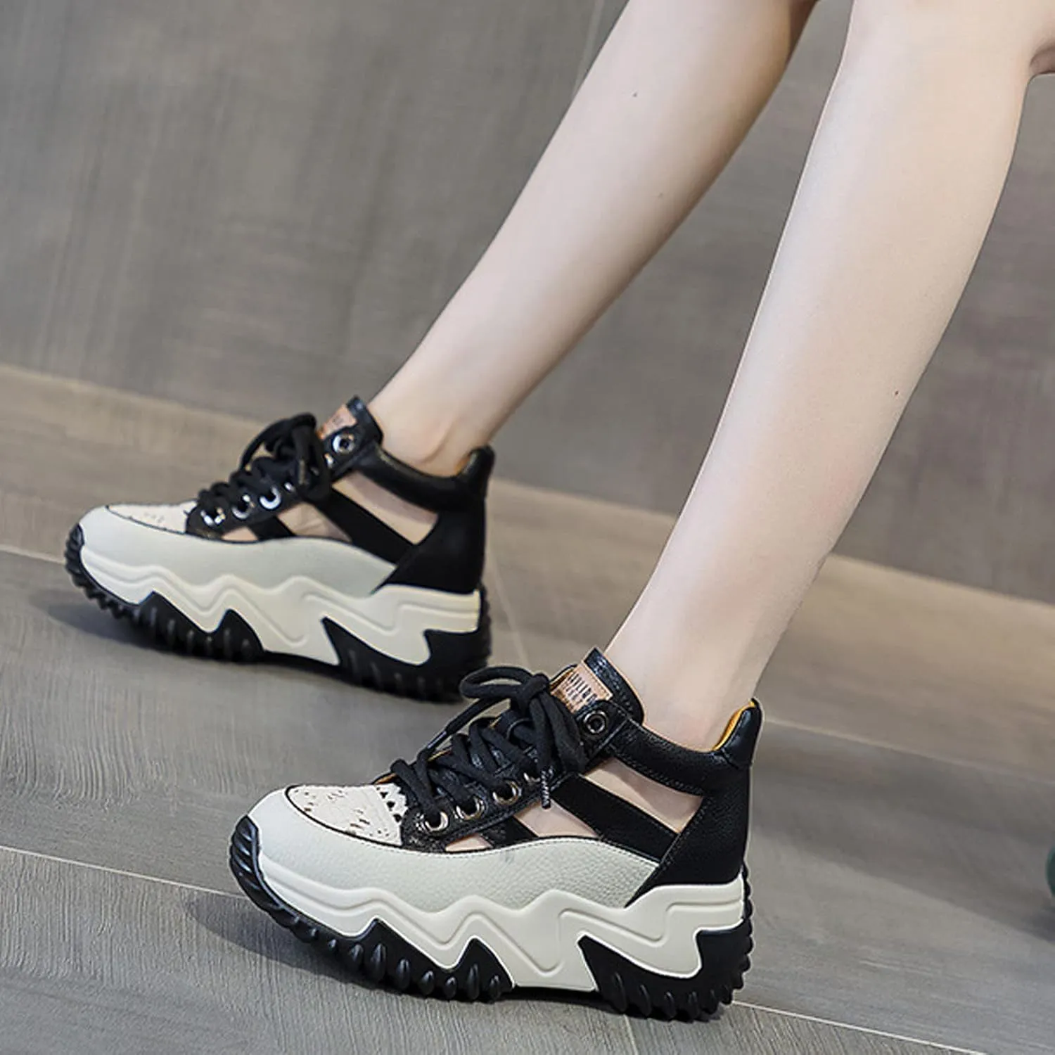 SOLPNOW Women's Leather Breathable Platform Sneakers,Summer Lace-Up Non-Slip Hollow Sandals,Outdoor Hiking Workout Driving Shoes