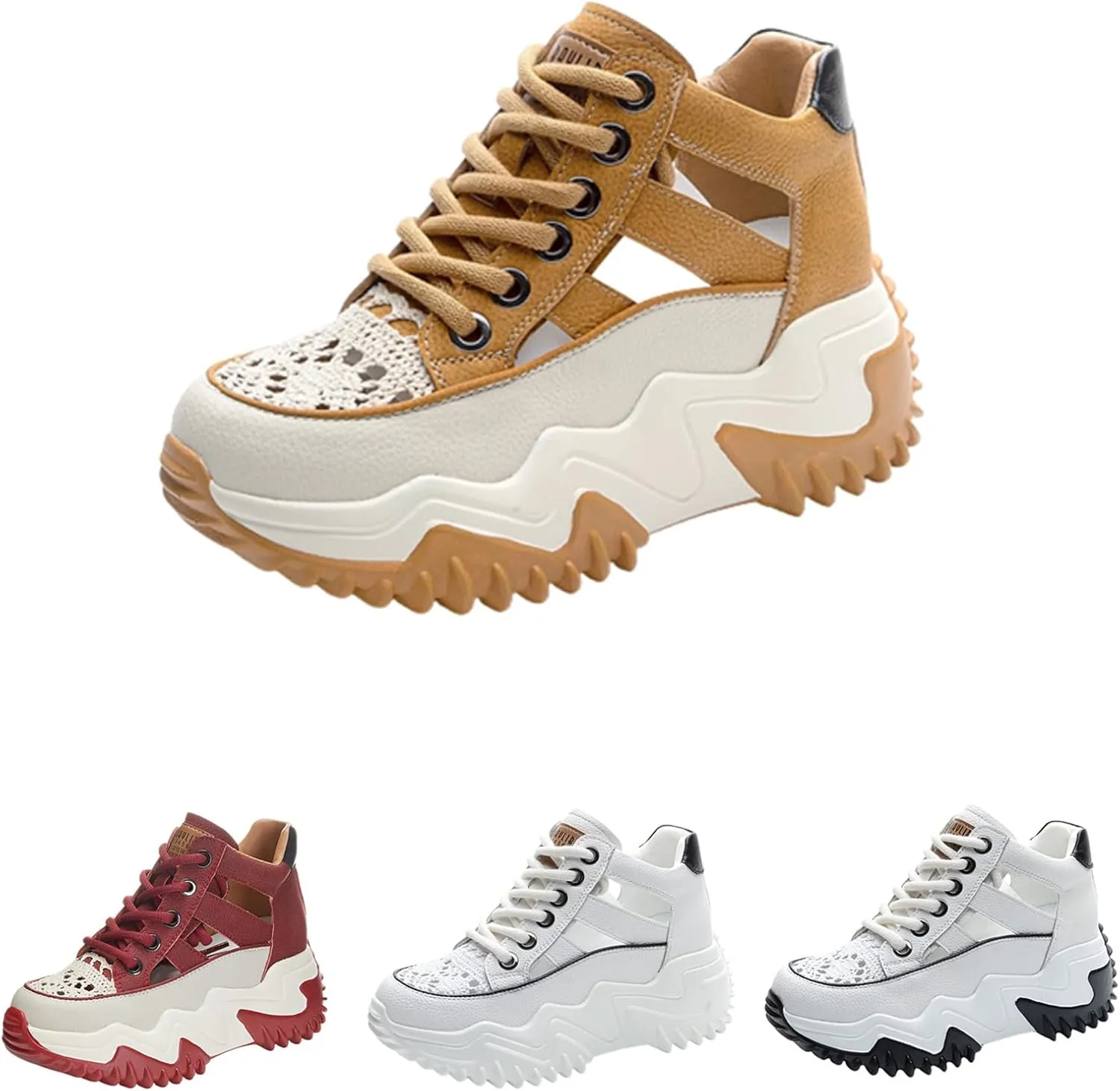 SOLPNOW Women's Leather Breathable Platform Sneakers,Summer Lace-Up Non-Slip Hollow Sandals,Outdoor Hiking Workout Driving Shoes