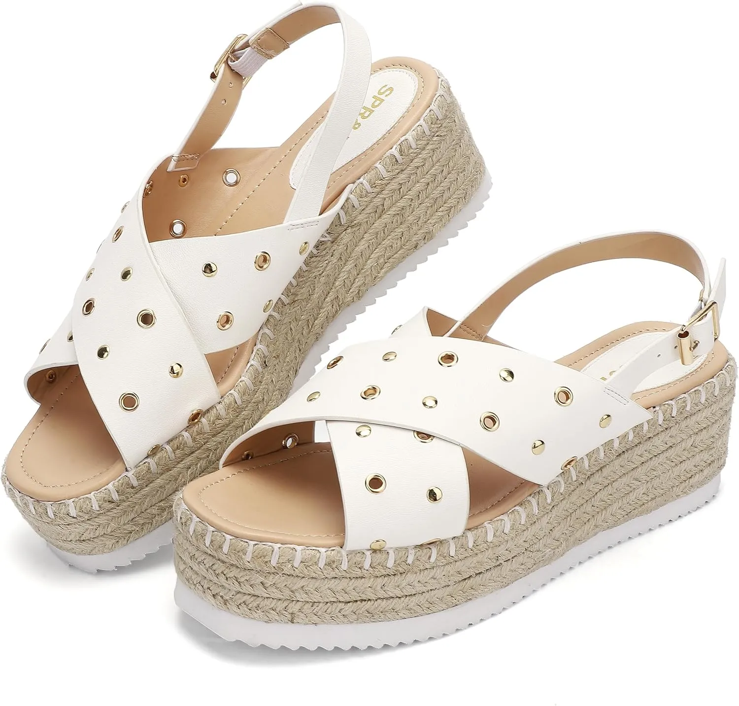 SPR&JOY Womens Corss Strap Platform Sandals Open Toe Ankle Strap Mid Heel Wedge Sandals