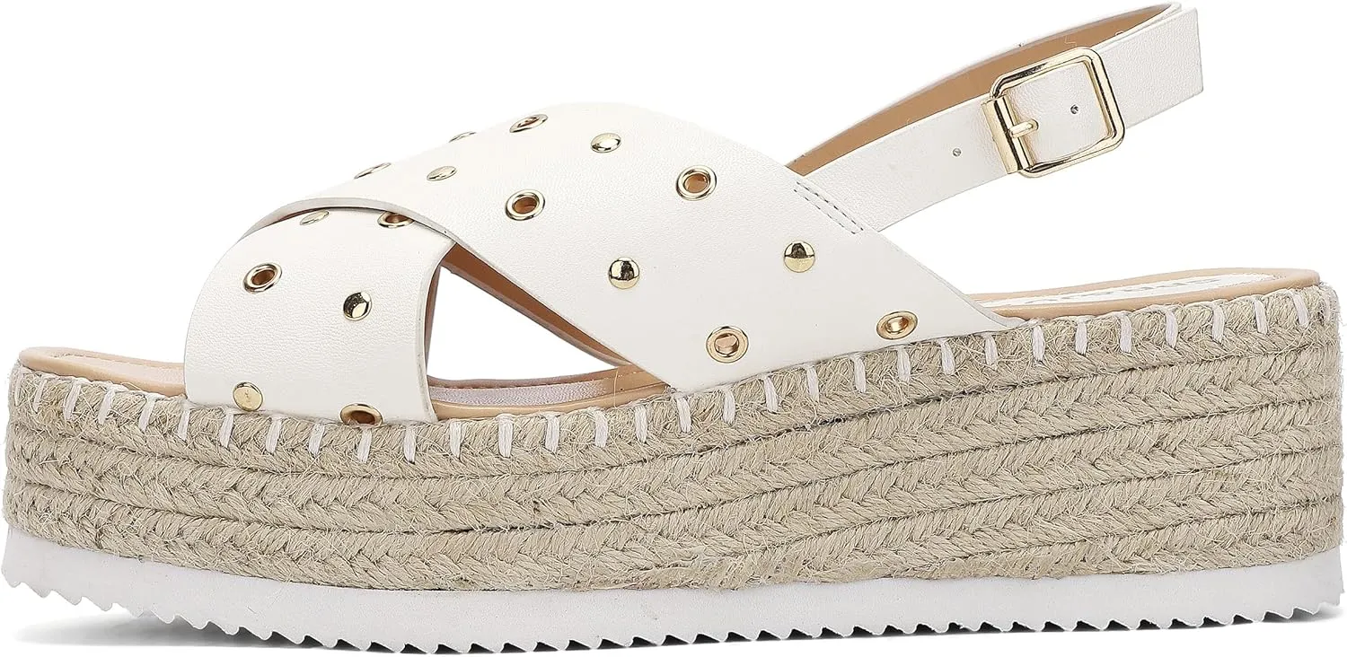 SPR&JOY Womens Corss Strap Platform Sandals Open Toe Ankle Strap Mid Heel Wedge Sandals